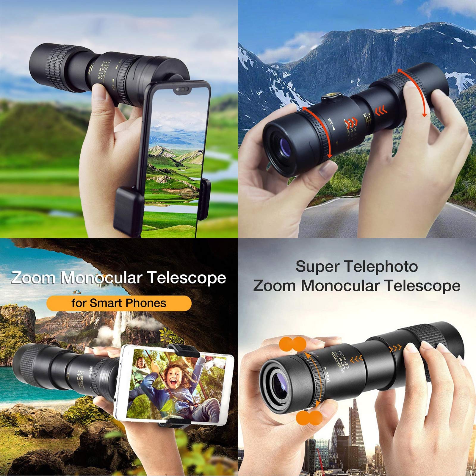 Monokular dla dorosłych o dużej mocy, 4K 10-300 x 40 mm super teleobiektyw zoom zewnętrzny lekki teleskop o dużej mocy ze statywem i klipsem, idealna do obserwacji ptaków lornetki dla dorosłych