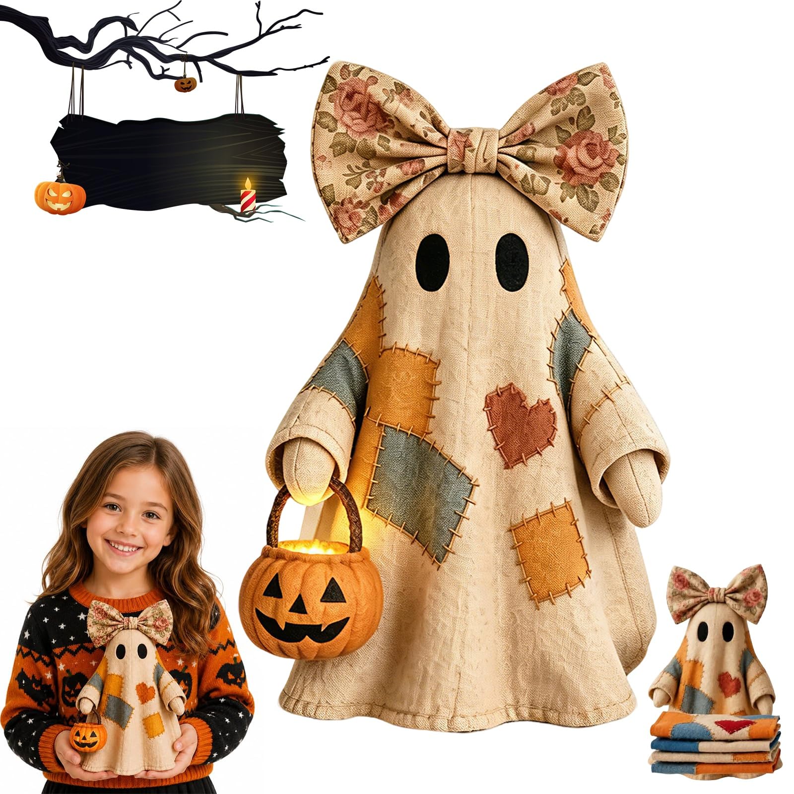 Lighted Vintage Patchwork Ghost Halloween Decor- LED Ghost Tabletop Figurine & Solar Garden Stake Lights, Rustic Spooky Pumpkin Lantern, Cosy Mantel Centrepiece For Indoor Outdoor(Fabric version)