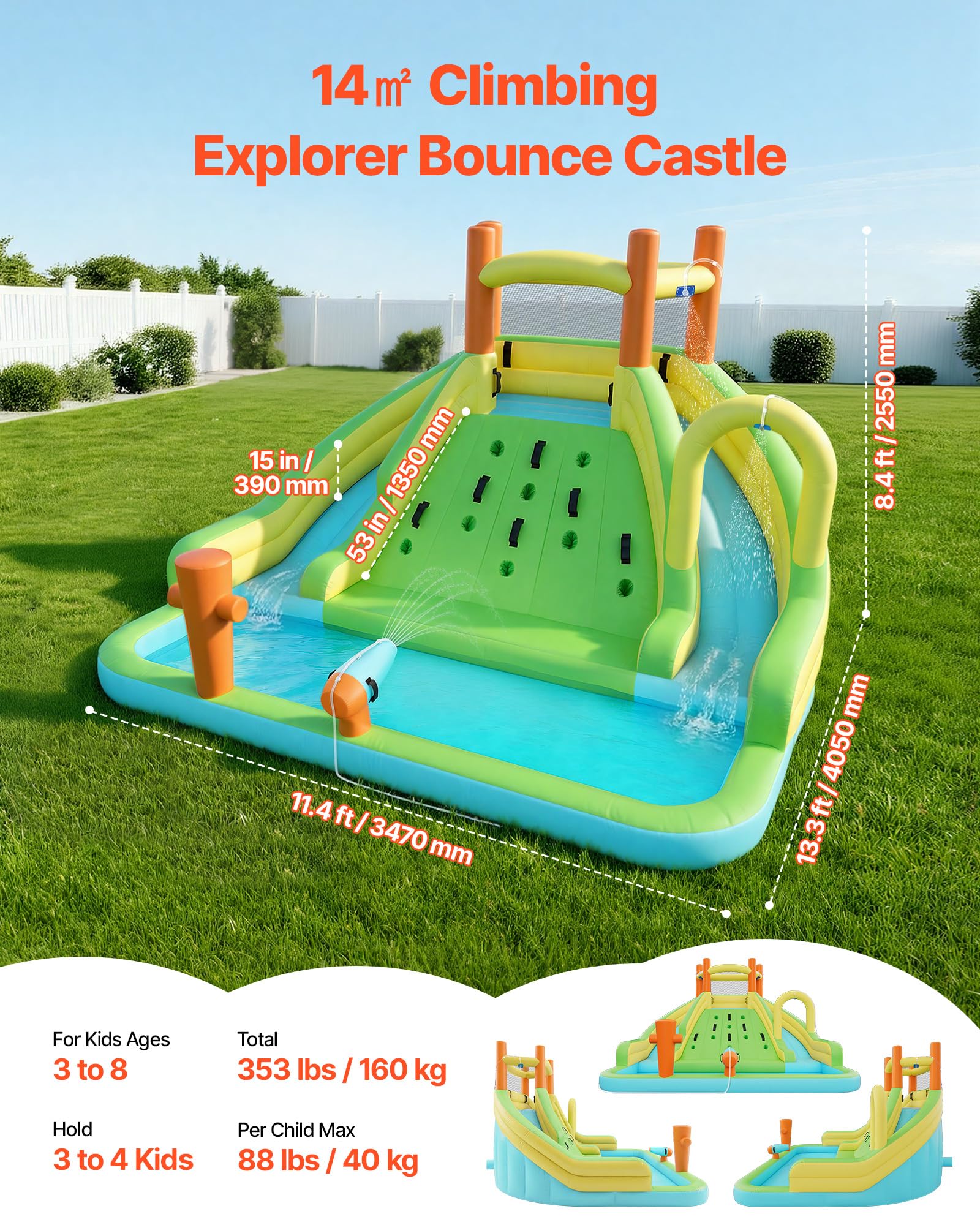 VEVOR Castillo Hinchable con Soplador 405 x 347 x 255 cm, Parque Infantil Inflable con 2 Toboganes Acuáticos, Piscina de Chapoteo, Muro de Escalada y Zona de Rebote para 3 a 4 Niños de 3 a 8 Años