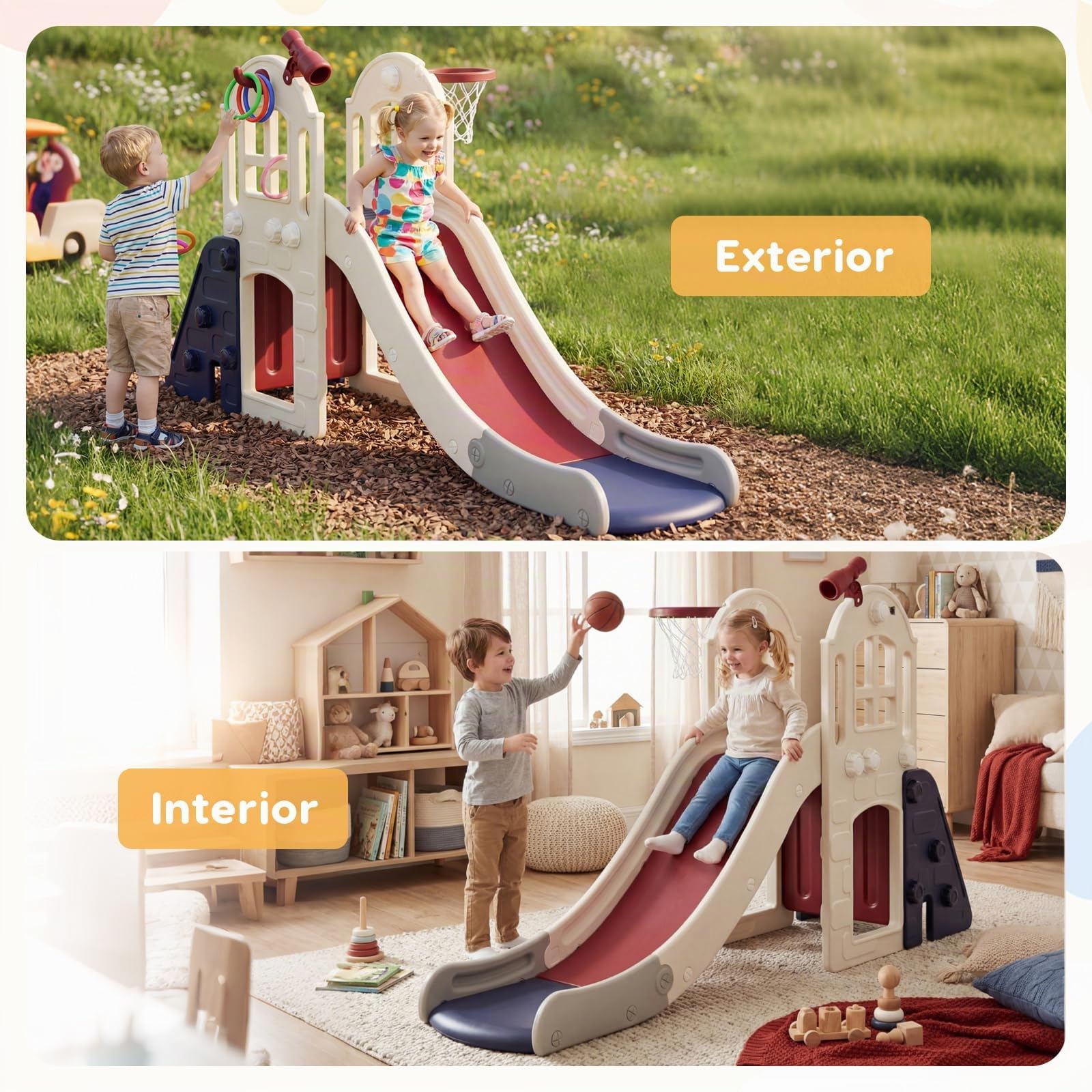 RELAX4LIFE 6 en 1 Tobogán Infantil con Escalador, Canasta de Baloncesto, Lanzamiento del Anillo, Túnel y Telescópico Decorativo, Toboganes Infantiles Exterior de HDPE para Niños 3-8 Años (Azul)