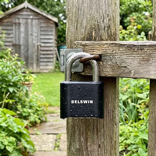 Miniatura 3 de DELSWIN Candado de combinación de 4 dígitos para exteriores, cerradura de casillero resistente con grillete de acero endurecido, cerradura combinada