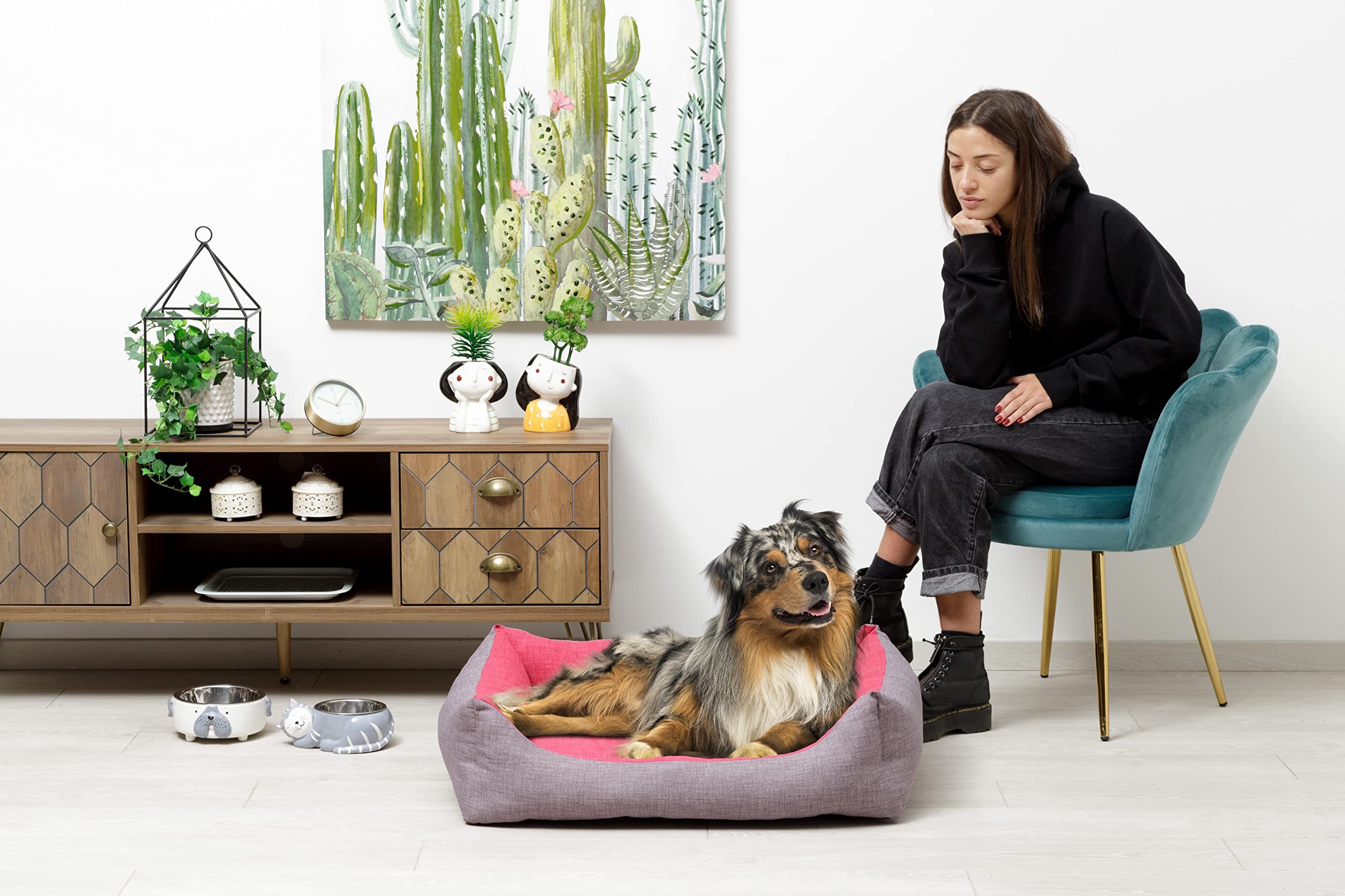 Baroni Home Cuccia per Cane in tessuto Grigio e Bordeaux Taglia L 70x85 cm, Morbido Divano Rettangolare, Comodo, per Camera da Letto Salotto Corridoio, Lavabile