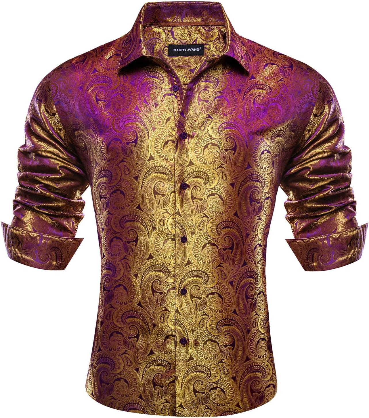 Barry.Wang Men Dress Shirts Paisley 70s Disco Shirt Button Down Silk Long Sleeve Tops for Wedding/Prom/Party/Nightclub