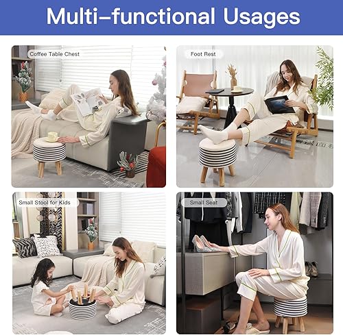 Miniatura 5 de YLCHHOMY Taburete pequeño otomano redondo con cuerda de algodón natural, reposapiés tejido a mano con patas de madera acolchadas de 1.6 pulgadas de