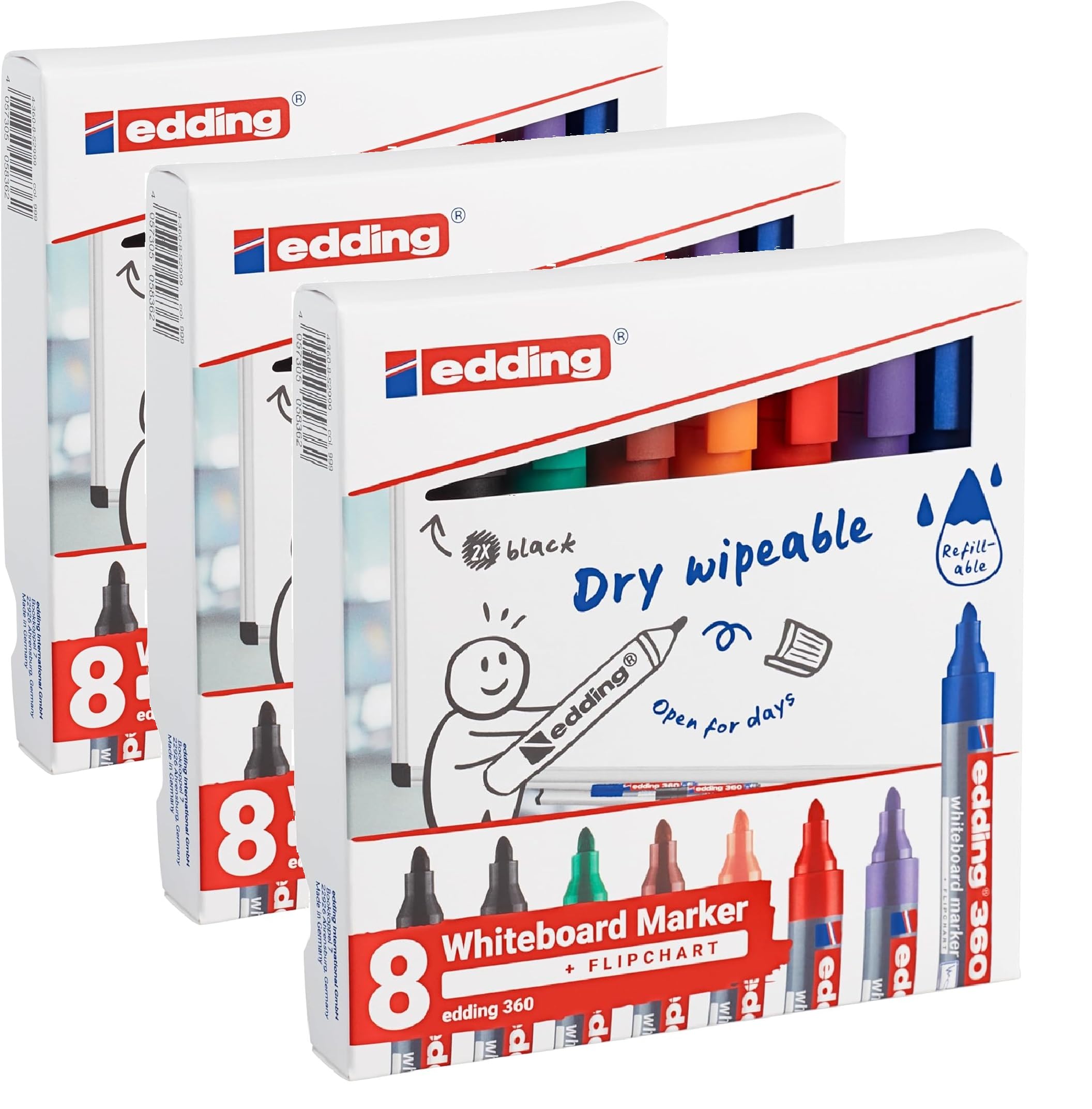 edding 4-360-8 8er Set Boardmarker, nachfüllbar, 1.5-3 mm, sortiert, 8 Farben: schwarz, rot, blau, grün, gelb, orange, braun, violett (3x 8 Farben Sortiert, 3x 8er Set)