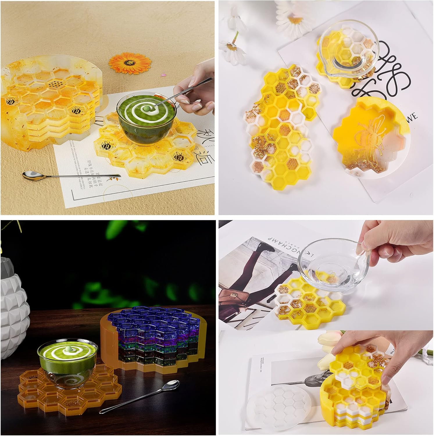 1 Set of Honeycomb Coaster Silicone Resin Mold with 4 Pcs Hexagon Shaped Epoxy Silicone Placemat Coasters Casting Molds Tray for Drinking Glasses Coffee Cup, 3D DIY Making Handmade Display Crafts