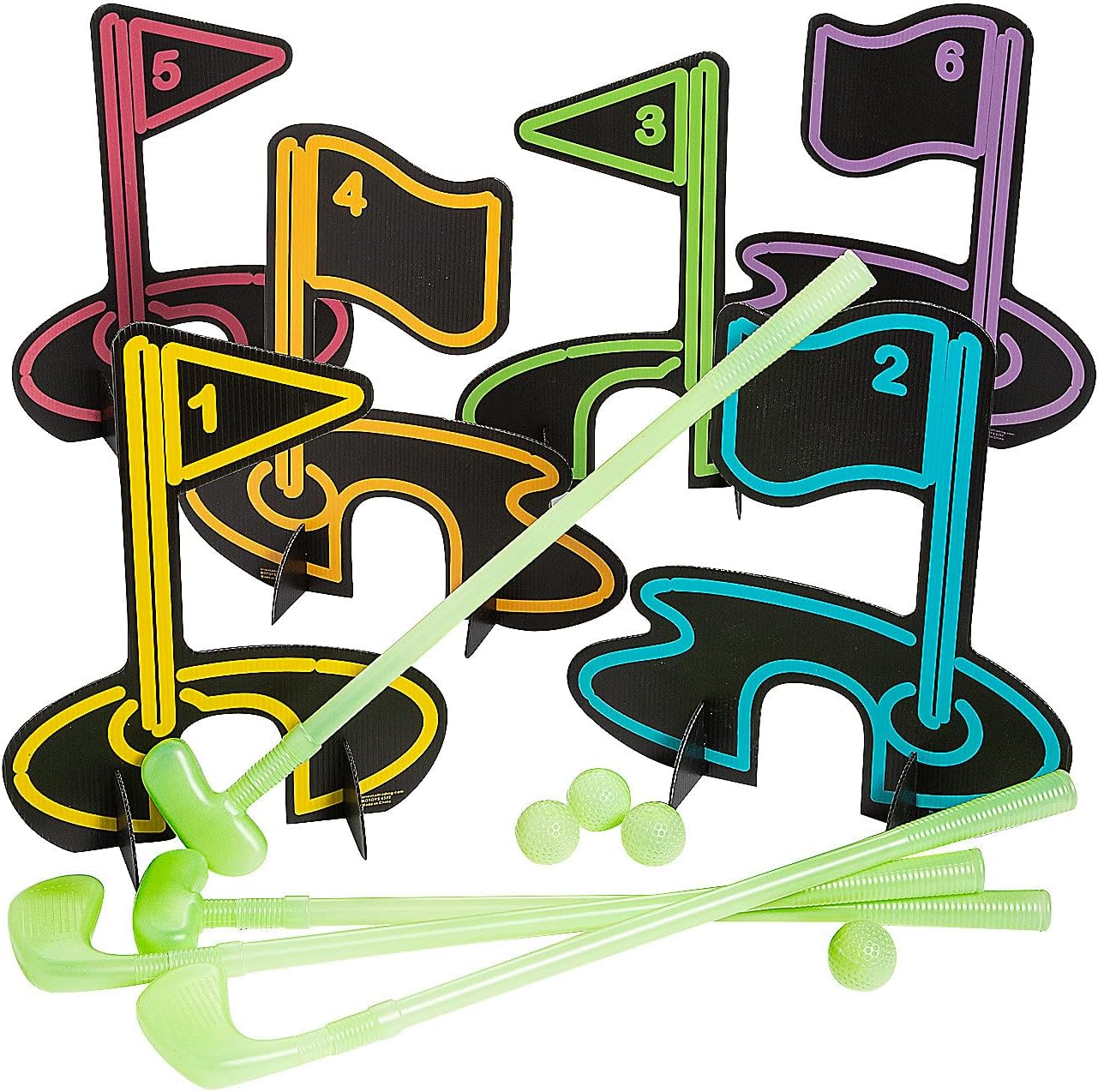 Fun Express Glow in The Dark Mini Golf Set - Outdoor Games for Adults and Family | Kids Golf Set with LED Golf Balls & Plastic Golf Clubs | Indoor Golf Game for Backyard Lawn Carnival Games & Parties