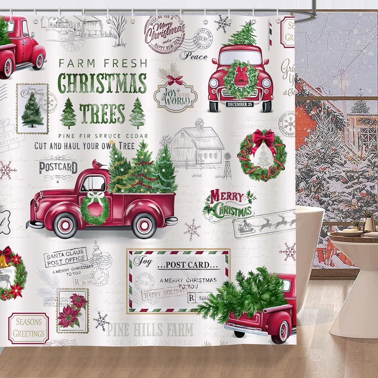 Bonhause Vintage Christmas Shower Curtain Red Truck with