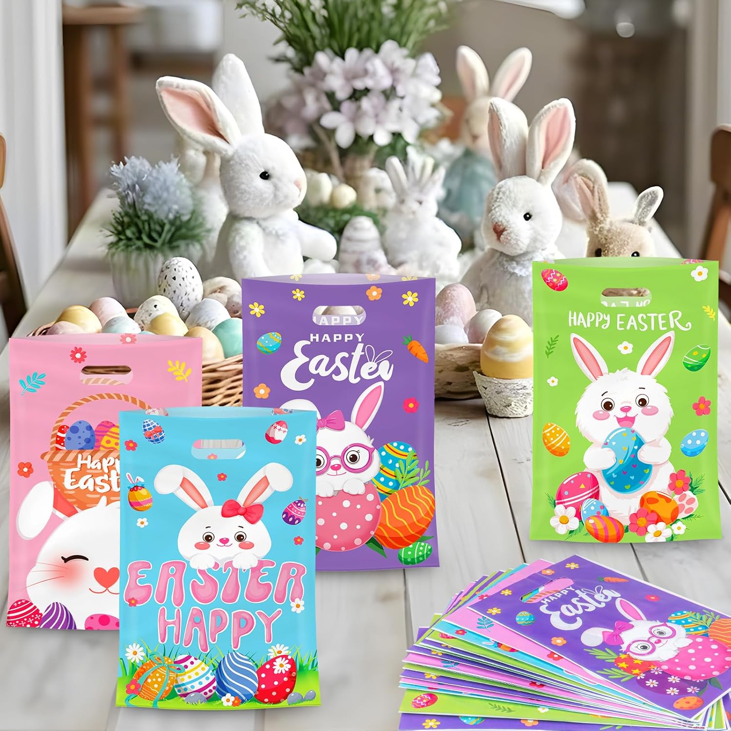 Litmitfu 50 Pcs Easter Gift Bags with Handles, Plastic Happy Bunny Goodie Bags Bulk, Cute Spring Treat Tote Goody Cookie Party Favor Bag for Easter Activity Party Favors Supplies Gifts, 4 Styles - Image 2