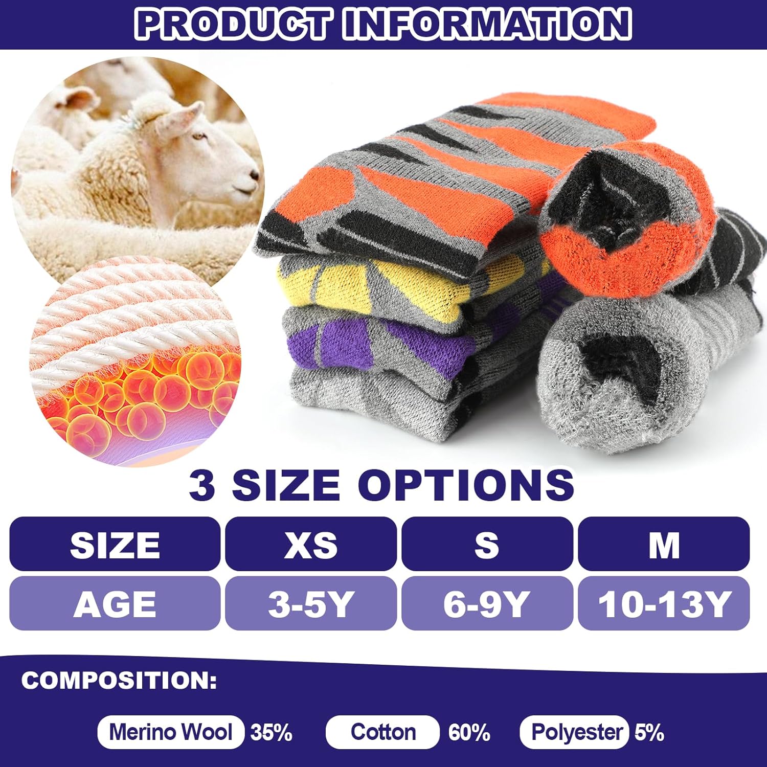 Winter Warm Kids Ski Socks - 2 Pairs Merino Wool Thermal Skiing Socks for Boys, Girls, Youth, Toddlers - Image 3