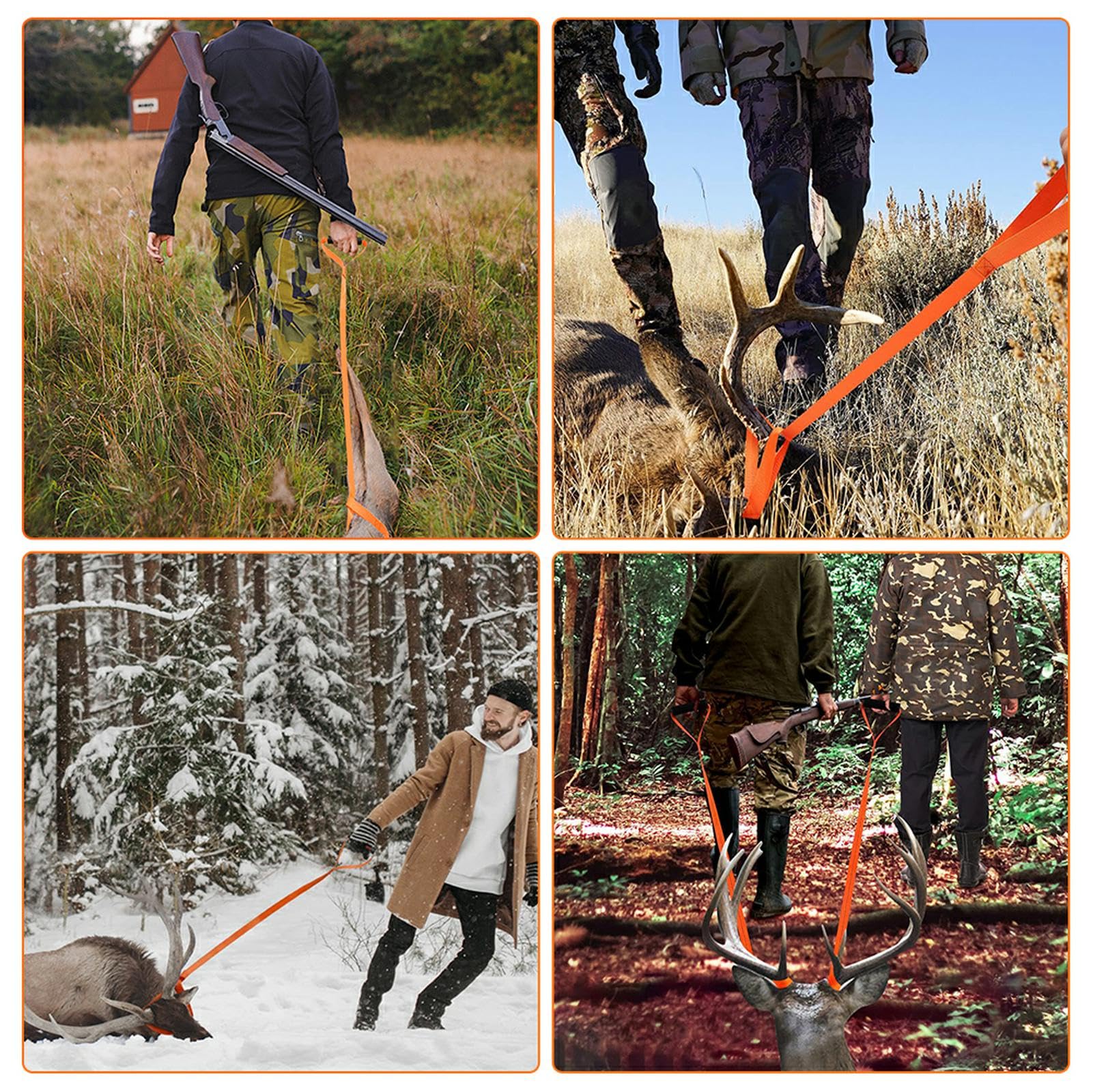 4 Pcs Sangle de Traînée de Cerf Orange,Deer Drag Corde De Traction pour Cerf,Corde de Traînée de Cerf,Sangle Harnais Cerf,Corde de Traction pour Cerf,Accessoires de Chasse avec Poignée