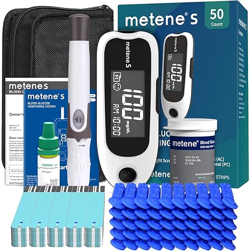 Metene S Blood Glucose Monitor Kit, Blood Sugar Testing Kit With 50 Test Strips & 50 Lancets & Control Solution, No Coding 0.7μl Blood, 7s Fast Reading, 150 Data Storage, Diabetes Testing Kit