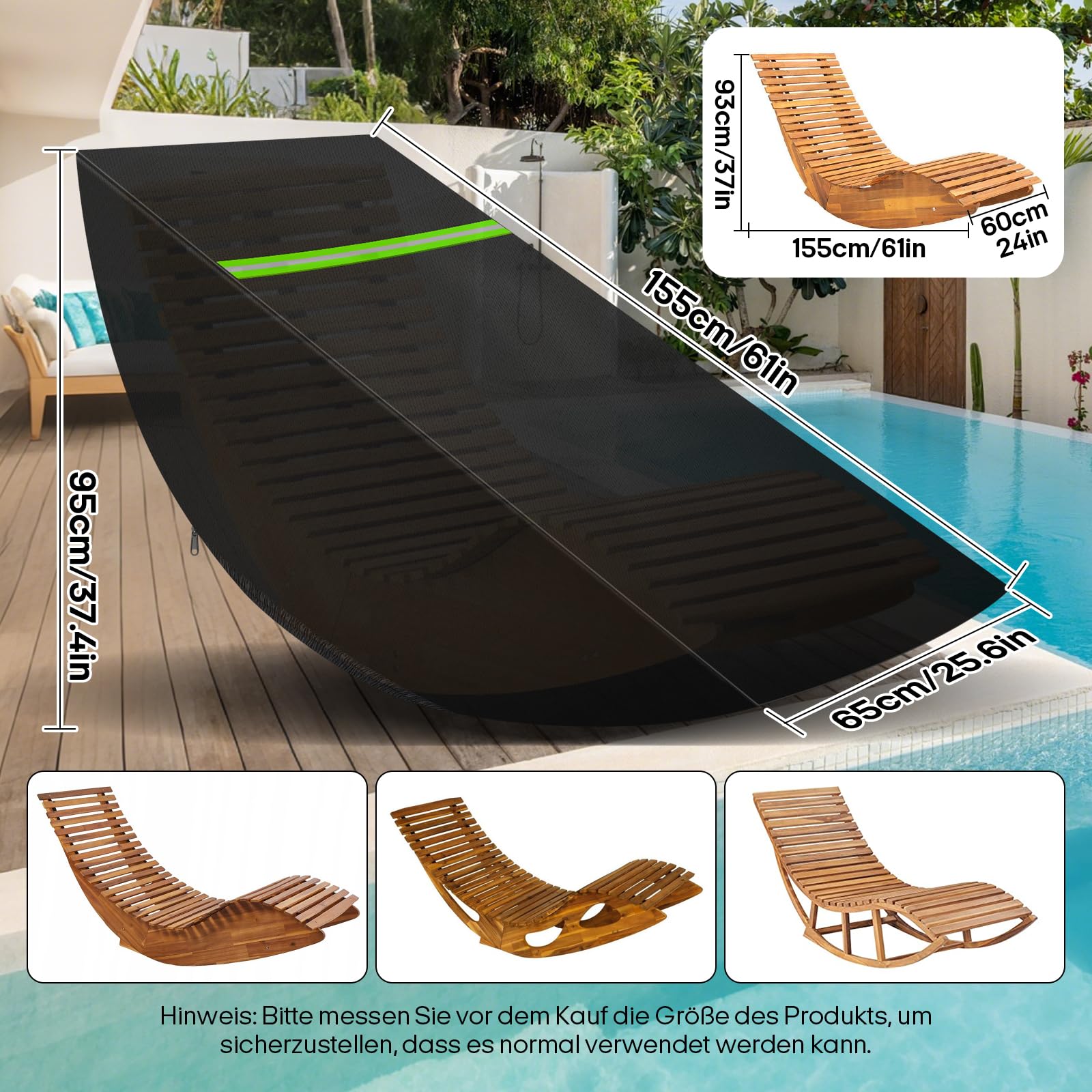 Housse de Chaise Longue Bois à Bascule, 154x65x95cm, 600D Imperméable Coupe-Vent Housse Transat pour Transat Jardin Exterieur Bois