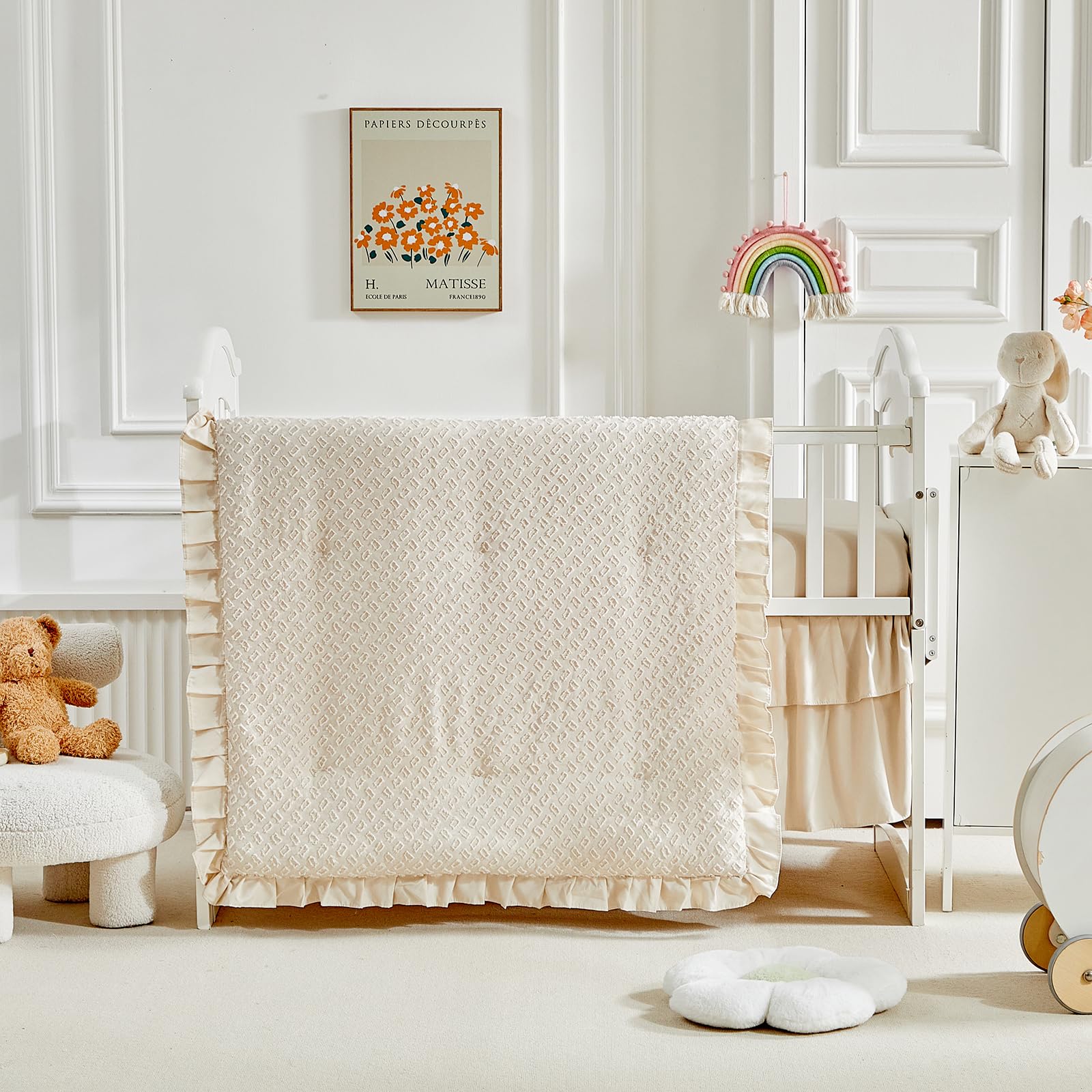 Juego de ropa de cama de 3 piezas para cuna con flecos de volantes, edredón beige con volantes con sábana bajera y falda de cama, suave y bordado, diseño jacquard bohemio Shabby Chic para bebés y