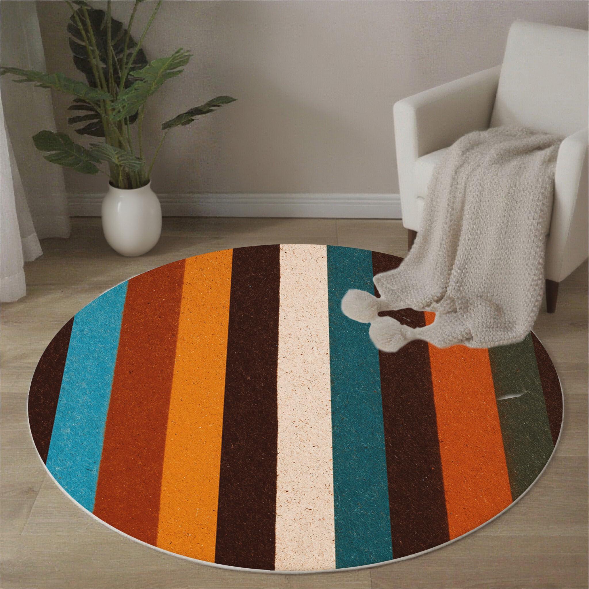Tapis Rond De Chambre 120 Cm - Patchwork Rayé Rétro Terracotta - Motif Géométrie Simple - Moelleux Et Antidérapant - Tapis De Salon À Poils Courts - Lavable - Moderne Et Doux