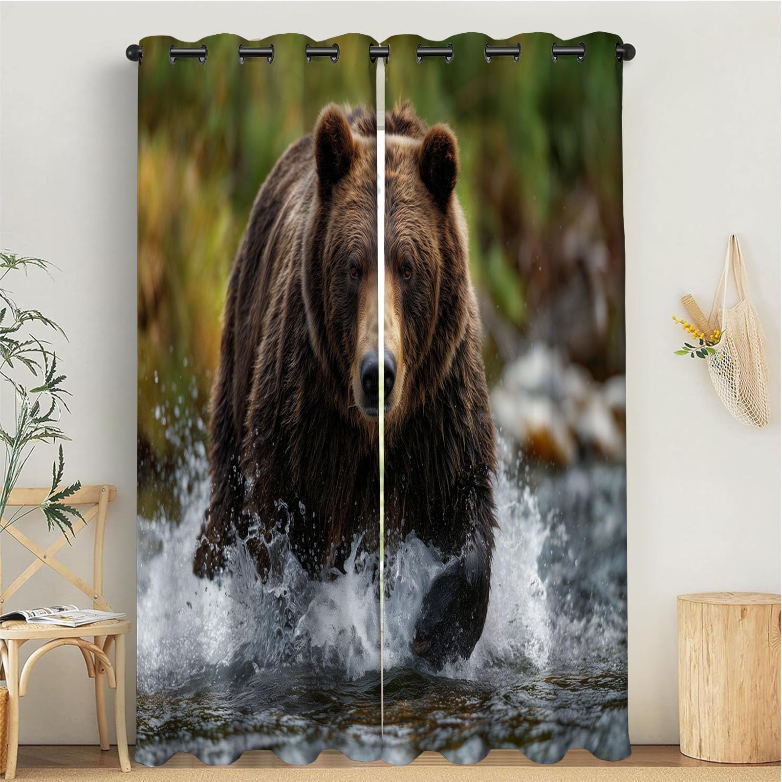 Rideau occultant ours pêcheur brun 140x200cm lot de 2 à oeillets