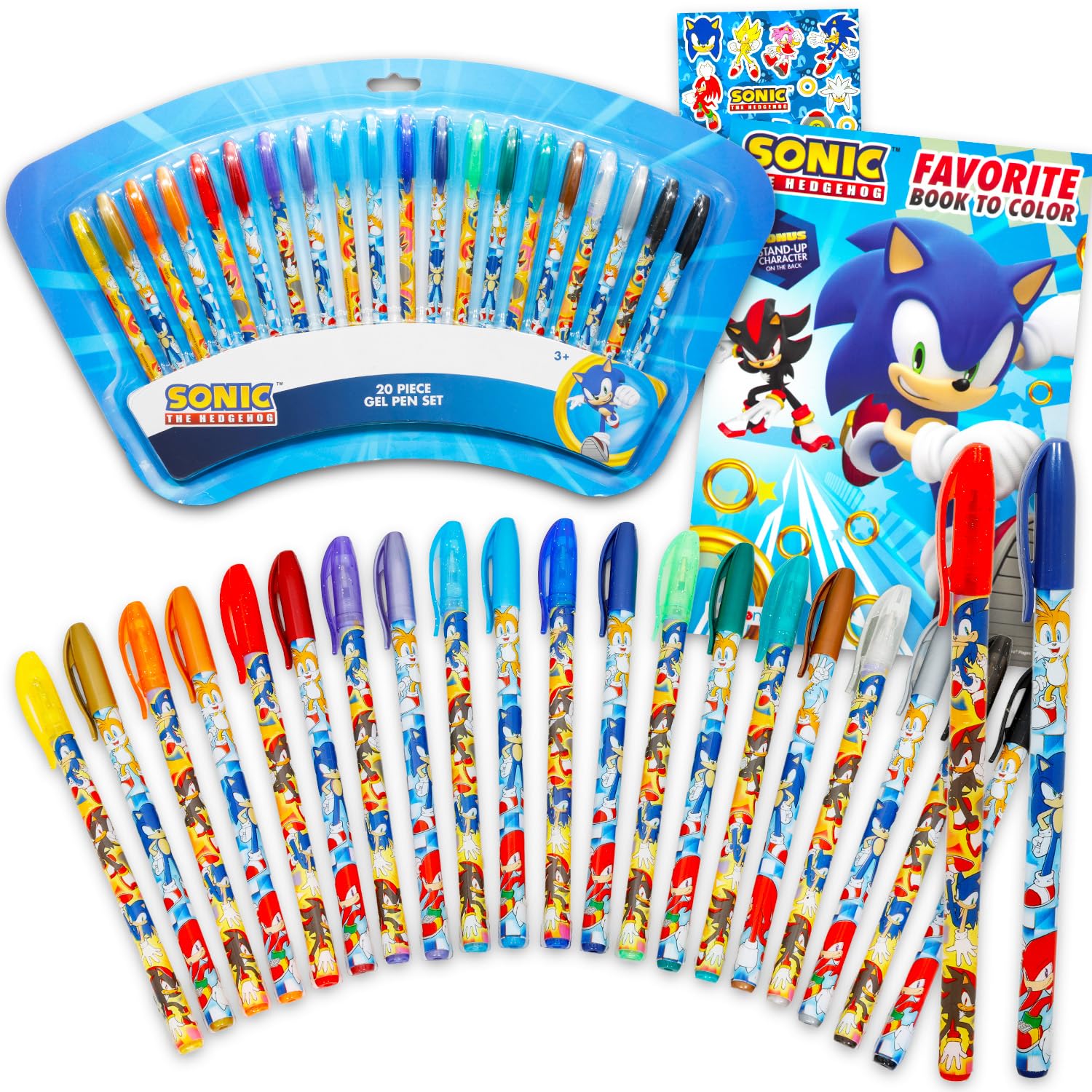 Sonic the Hedgehog Gel Pen Set - Bundle with 20 Gel Pens for Drawing, Doodling, Coloring, Art Plus Coloring Book and Stickers | Sonic Party Favors for