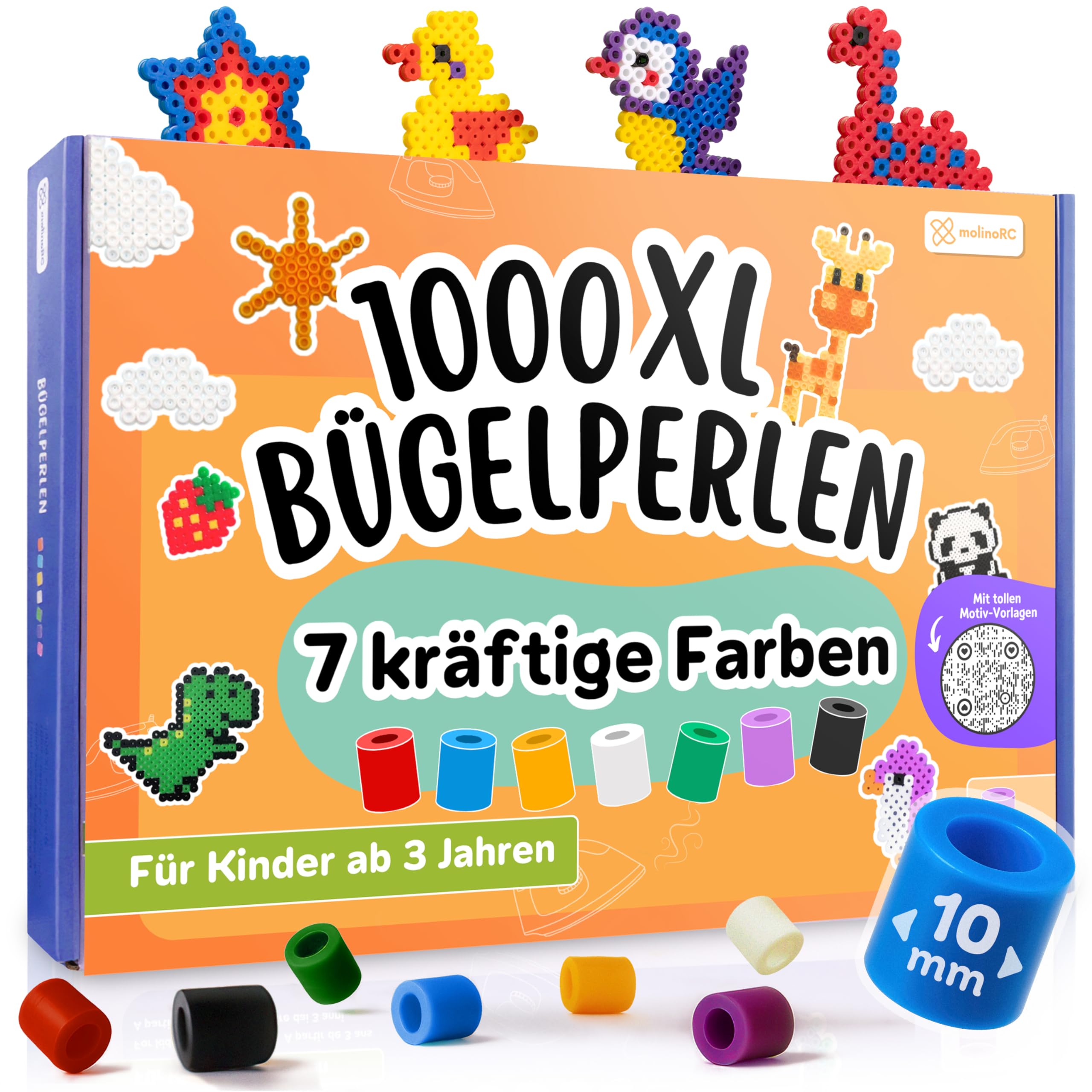 molinoRC Große Bügelperlen 10mm [1000er Nachfüll Pack] - mit 30+ VORLAGEN-Download - XL Bügelperlen - Steckperlen groß ab 3 Jahren für einfaches Bügeln & Basteln - Maxi Perlen