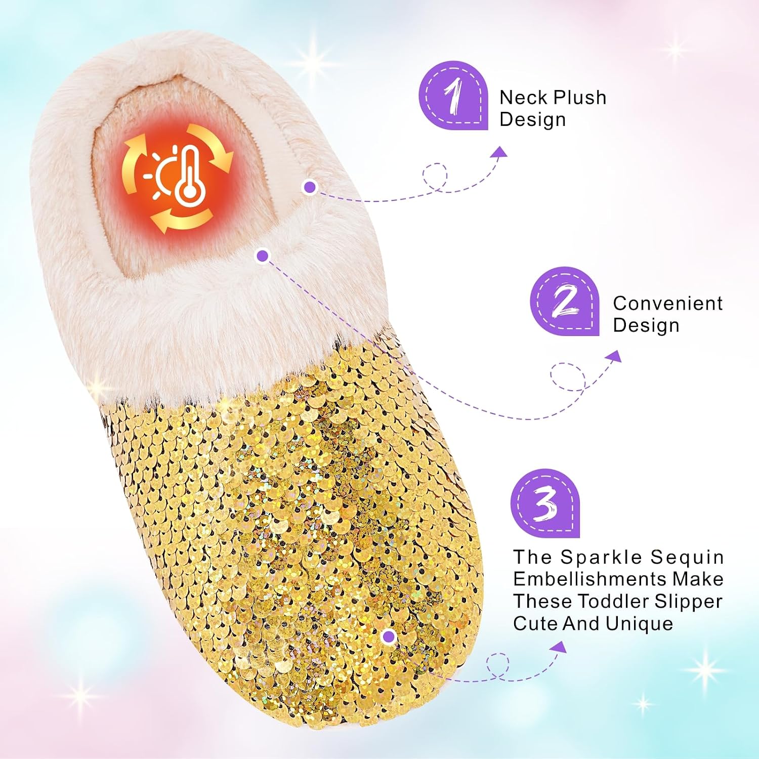Girls Plush Sequin Slippers With Sleep Mask, Cute Faux Fur Slip-on Shoes Memory Foam House Shoes for Girls Bedroom Slippers