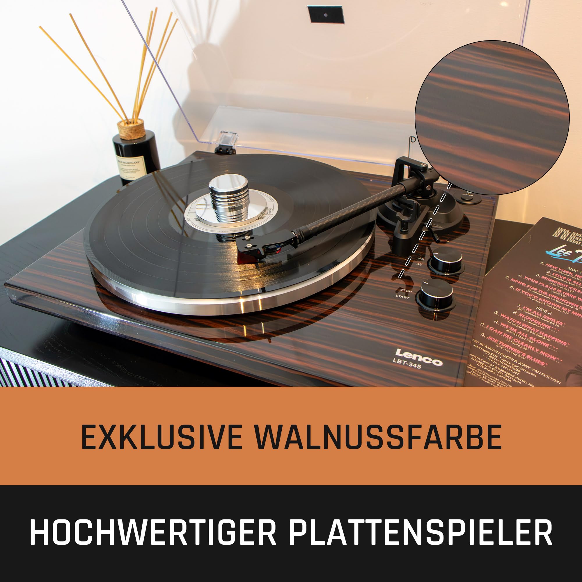 Lenco LBT-345WA - Plattenspieler mit Bluetooth® und 2M Red Tonabnehmer, inklusive verchromtem Plattenspielerstabilisator - Walnuss