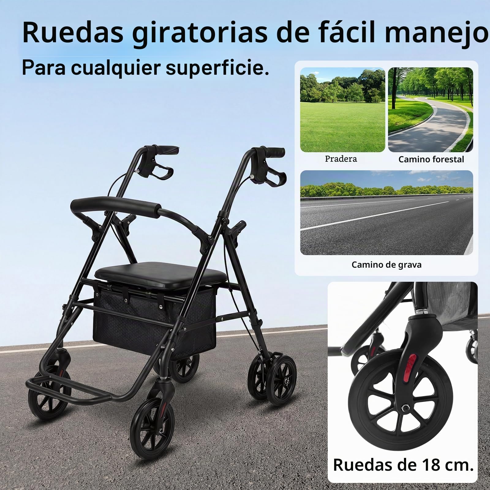 Andador plegable y ligero con sit andadores para apartamentos para personas mayores, plegable con neumáticos suaves, andador para todo terreno, carrito y silla de ruedas