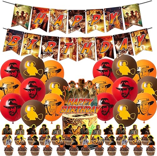 Suministros para fiestas de cumpleaños de Indiana Jones, decoraciones de cumpleaños temáticas de aventuras occidentales, incluyendo pancarta,