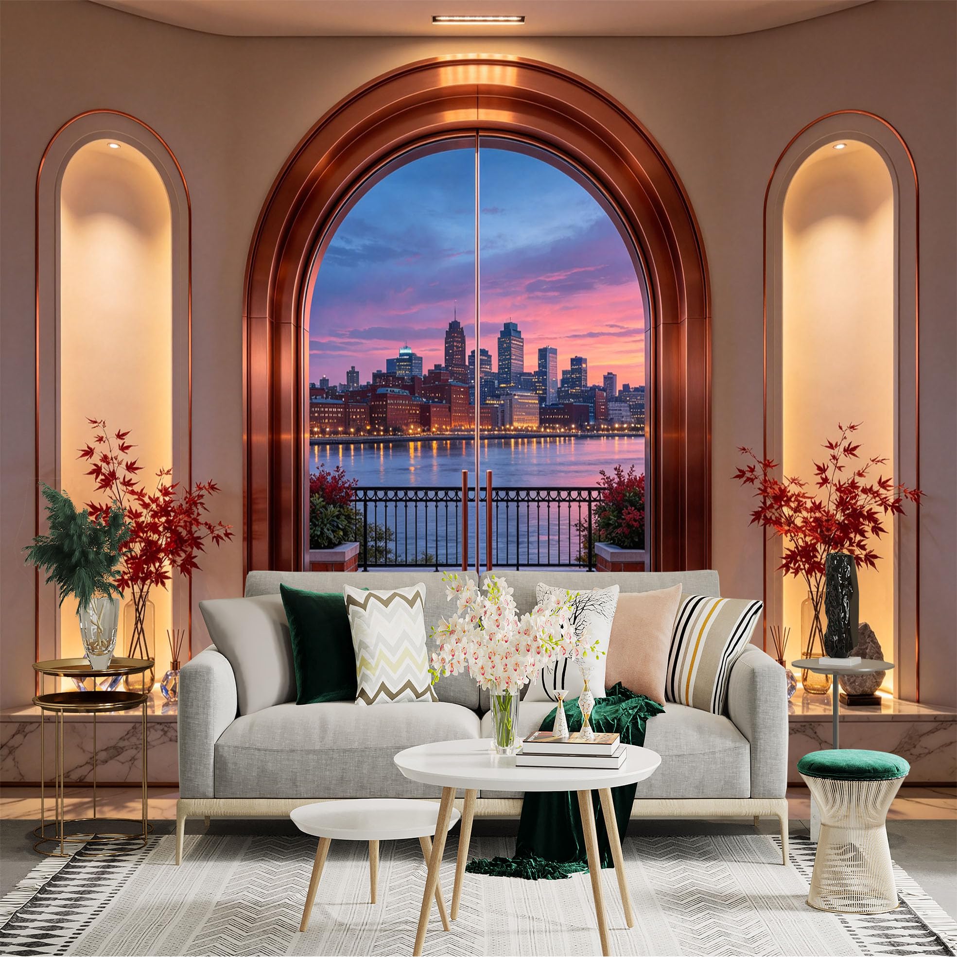 Custom Size Wall Sticker Mural， Arch Window City Skyline Waterfront Sunset View， for wall Decoration， peelandstick wall Decals.