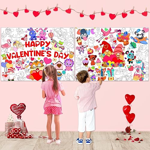 Paquete de 2 pósteres gigantes para colorear para el día de San Valentín, póster grande para colorear para niños, día de San Valentín, páginas para