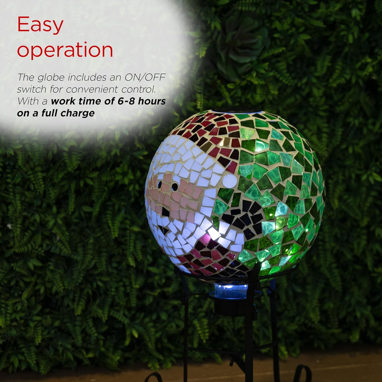 Alpine Corporation 10"" Diameter Solar Santa Mosaic Glass Gazing Globe with Foldable Metal Stand, Rechargeable Battery Included, Outdoor Holiday Decoration