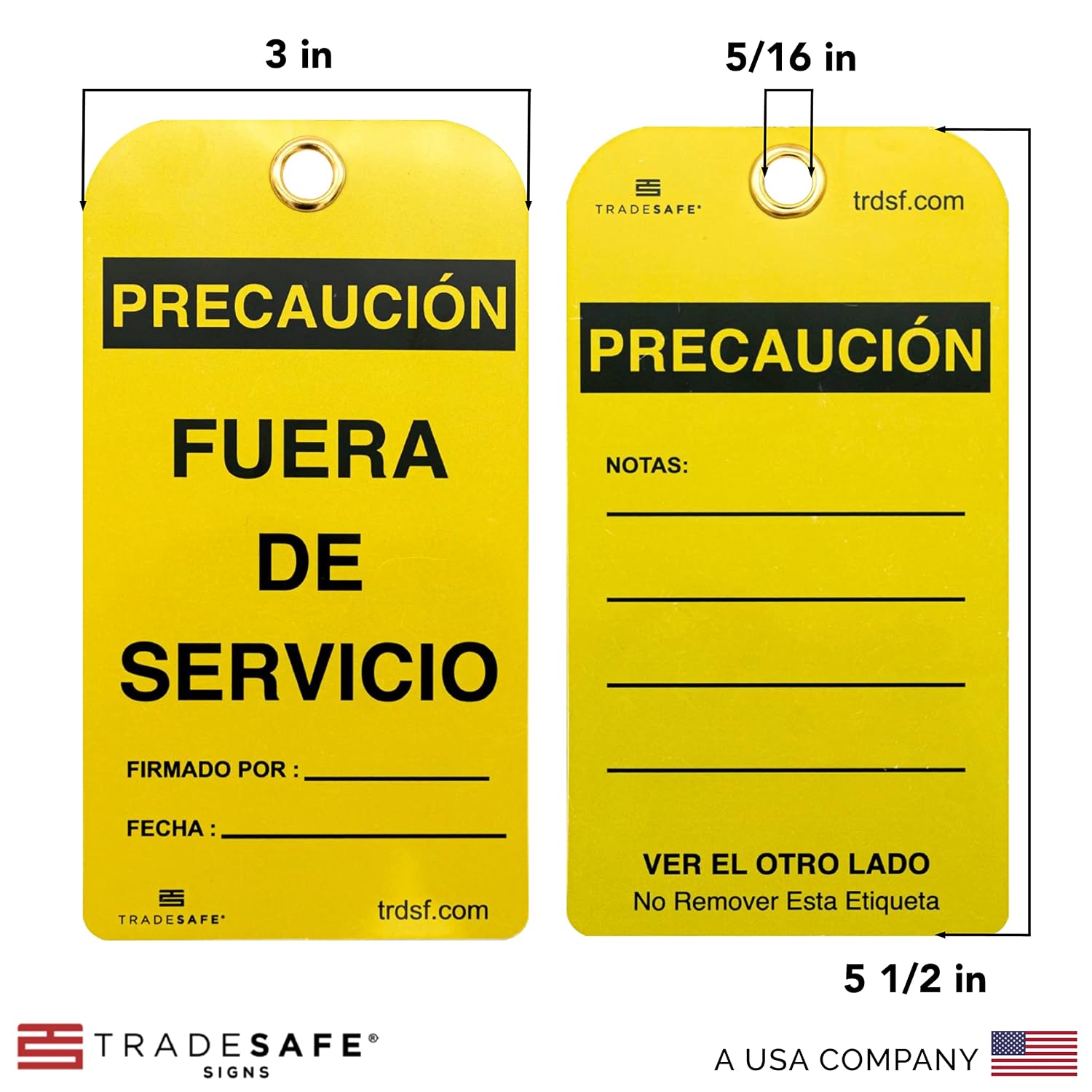 TRADESAFE Spanish Out of Service Tags, Fuera de Servicio - 30 Yellow Caution Sign with 30 Cable Ties, Durable 32 mil Vinyl, Caution Tags for Equipment Repair or Service, Accident Prevention (Spanish)