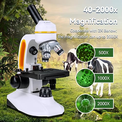 Miniatura 2 de SVBONY Microscopio monocular compuesto SM202 para adultos, kit de microscopio compuesto 40X-2000X, microscopio con etapa mecánica, adaptador de