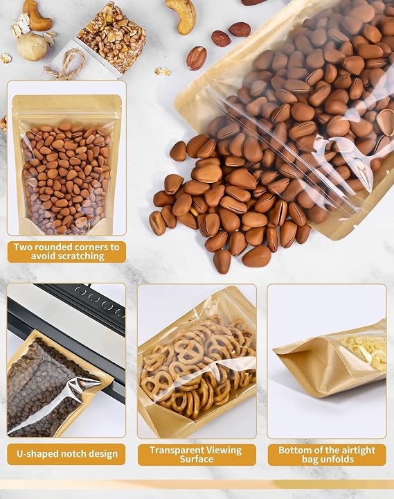 100 Pack 3.5 x 5.5 Kraft Paper Bags, Stand up Bags and Resealable Bags With Window Clear Fornt Pouches Food Storage