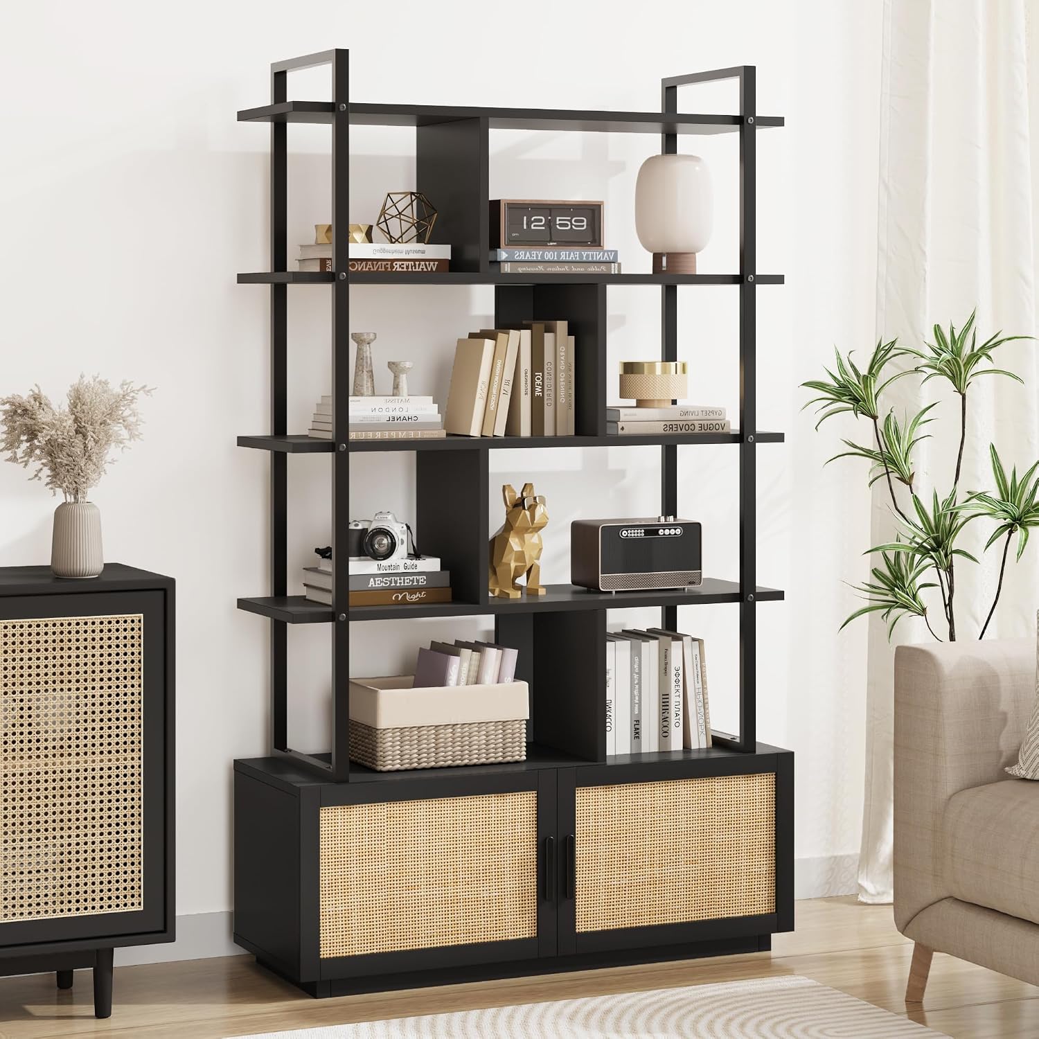Rattan Book Shelf 5 Tier Bookcase with Storage Cabinet & Door Industrial Bookshelf Wood and Metal Storage Organizer Display Standing Shelf Unit Bookshelves for Living Room, Bedroom, Home Office