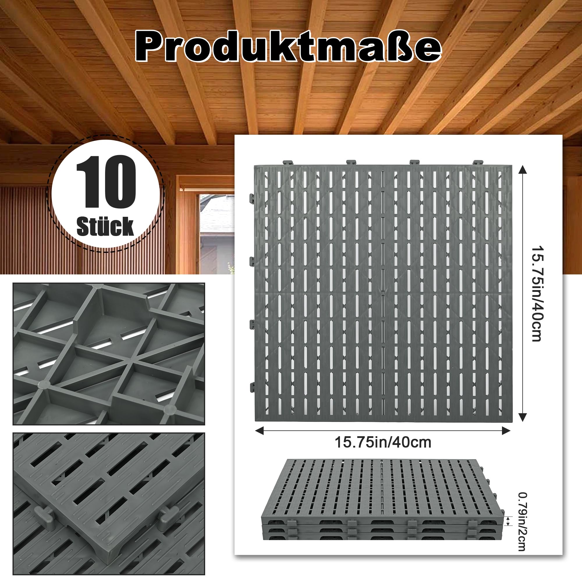 uyoyous Ruszt odpływowy z polipropylenu, 10 sztuk, ruszt wlotowy, podłoga garażowa, 40 x 40 cm, lekkie odprowadzanie wody, szary, podłoga garażowa o grubości 18 mm, do garażu, do garażu, na zewnątrz