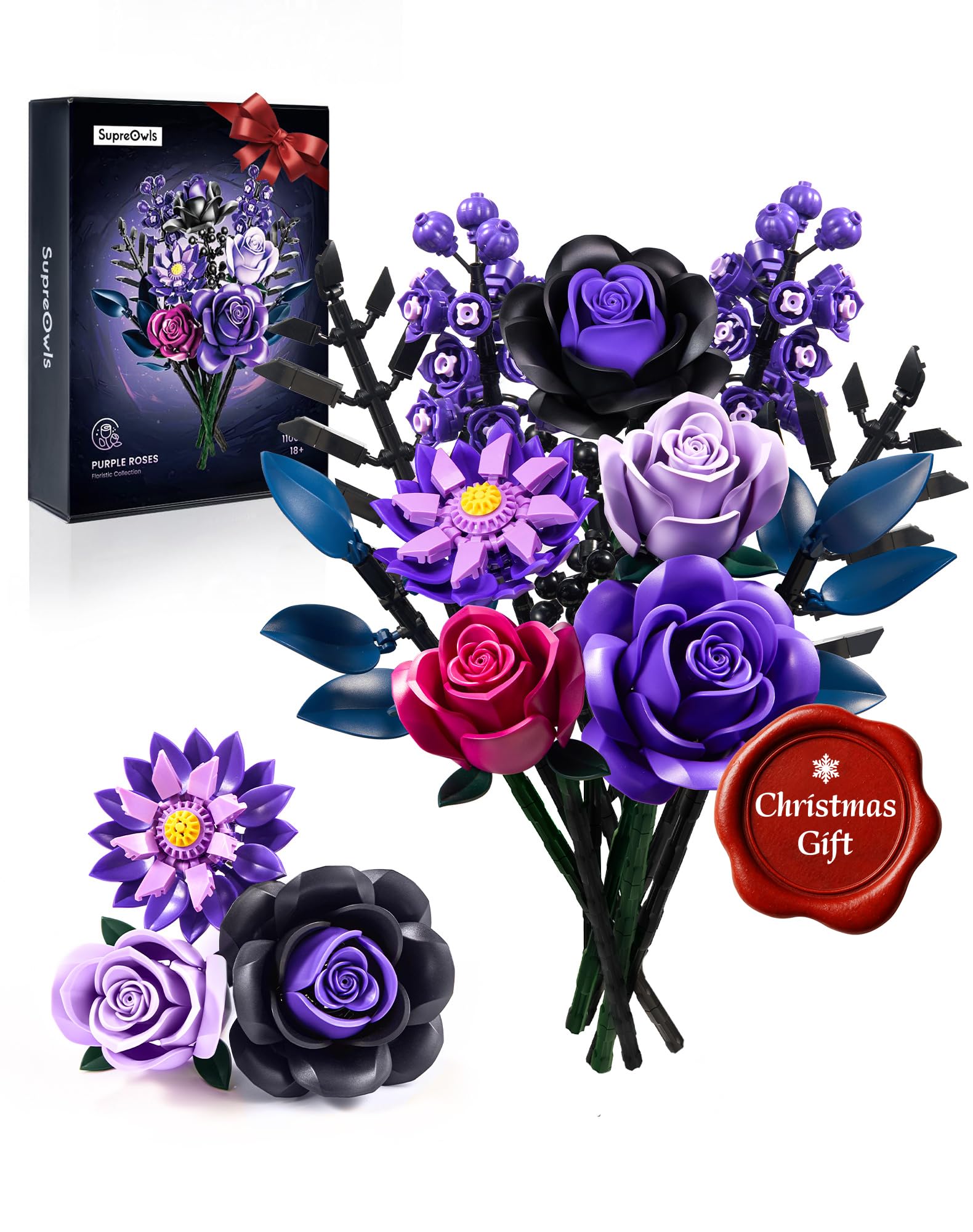 iATOM Flower Bouquet Building Set, Christmas Purple Roses Botanical Collection Kits for Adults Women - Gothic Home Office Table Centerpiece Decor - IA11004