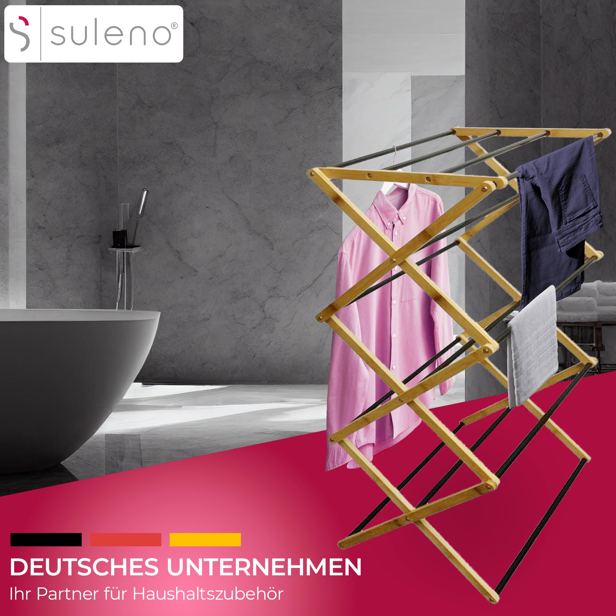 Suleno Bambus Wäscheständer Bali, 57x113cm Klappbar & Ausziehbar | Platzsparend, 11 Metallstangen, 6 Ebenen, Leicht, Ideal für kleine Wohnungen, Enge Räume & Balkon, Innen/Außen, Faltbar, Turm