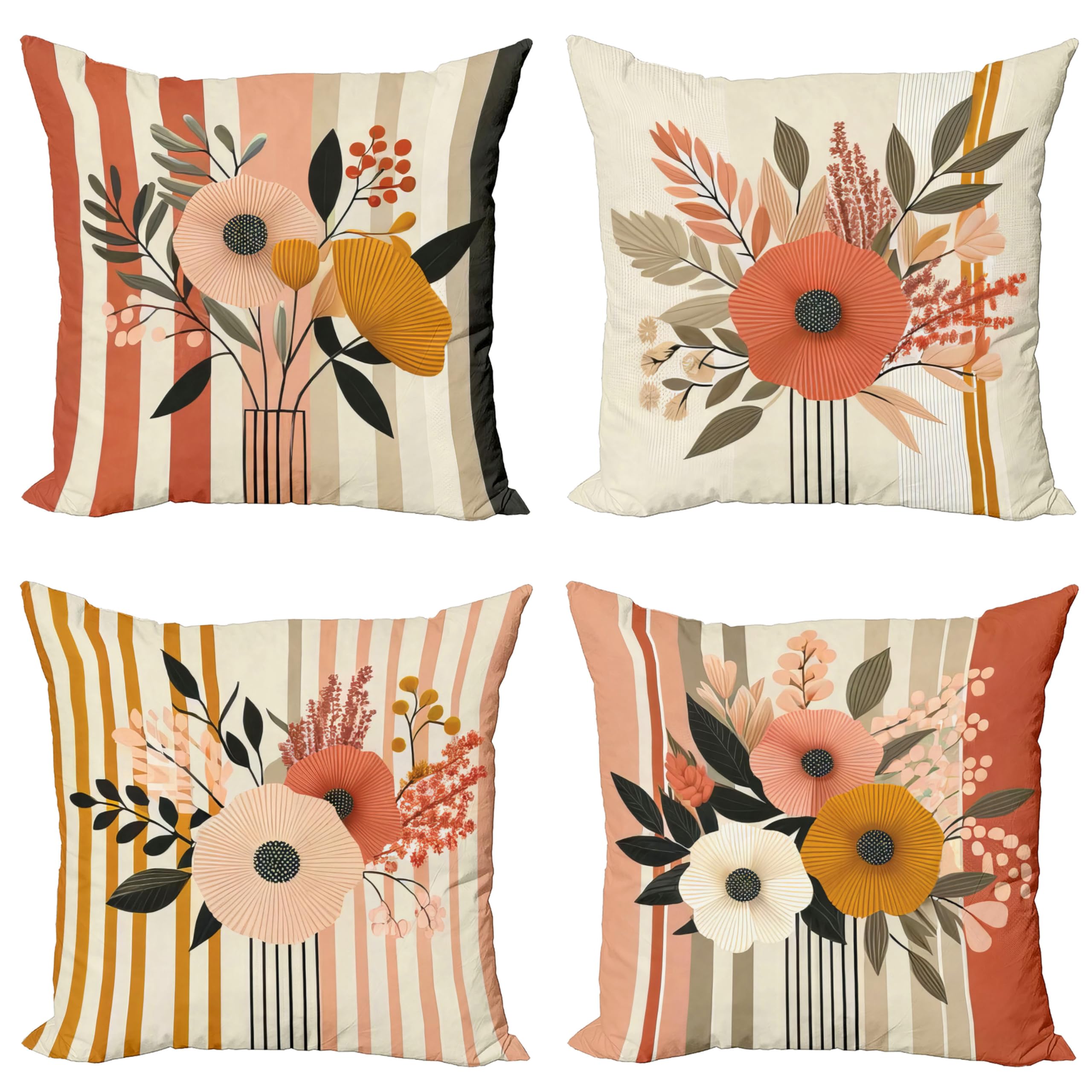 Ambesonne Floral Throw Pillow Cushion Cover Set of 4, Botanical Bouquets and Stripes in Modern Warm Scandinavian Colors, Decorative Accent