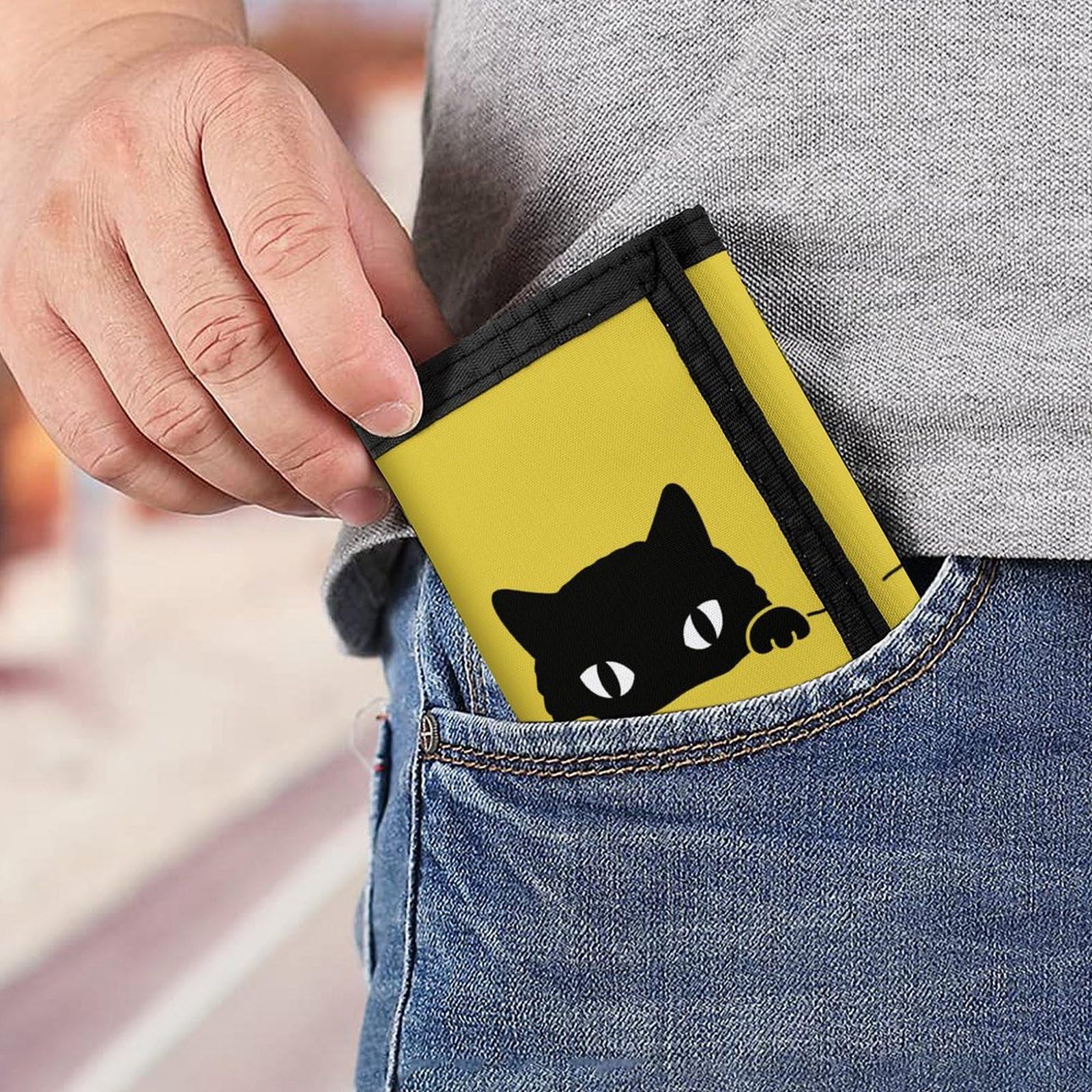 Amazon.co.jp: 三つ折り財布 黒猫 猫柄 ネコ かわいい イエロー 黄色