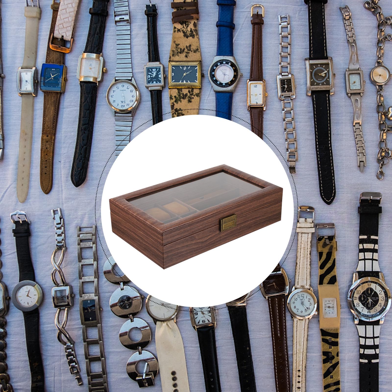 TOPBATHY Caja Organizador de Relojes y Gafas de Madera 6 Compartimentos para Relojes y 3 Ranuras para Gafas Estilo Retro para Colección y Exhibición