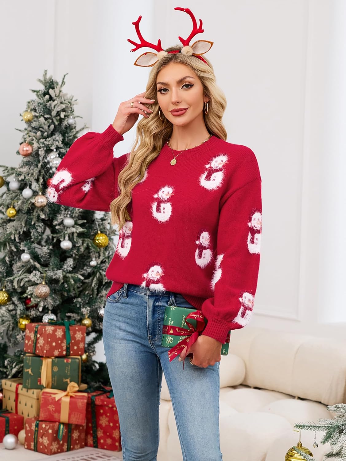 SunnyMelody Women's Cute Christmas Sweater,Santa Hat Snowman Pattern Knit Pullovers,2025 Funny Holiday Party Ugly Xmas Tops - Image 2