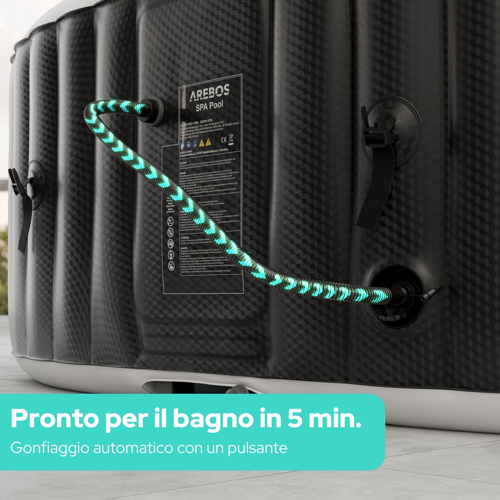 Arebos Vasca idromassaggio con illuminazione a LED | Gonfiabile | Indoor & Outdoor | 190x120 cm ovale | 2 persone | 90 getti di massaggio | con riscaldamento | 550 litri | Incl. copertura | Bubble Spa
