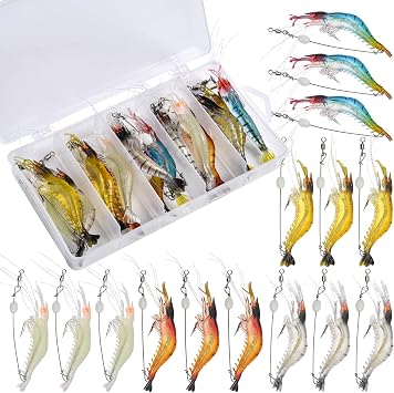 Goture Soft Shrimp Lures, 15pcs/20pcs/30pcs Luminous Shrimp Bait Set with Tackle Box,Shrimp Fishing Lures with Sharp Hooks for Freshwater Saltwater Trout Bass Salmon Crappie Walleye Pike Perch