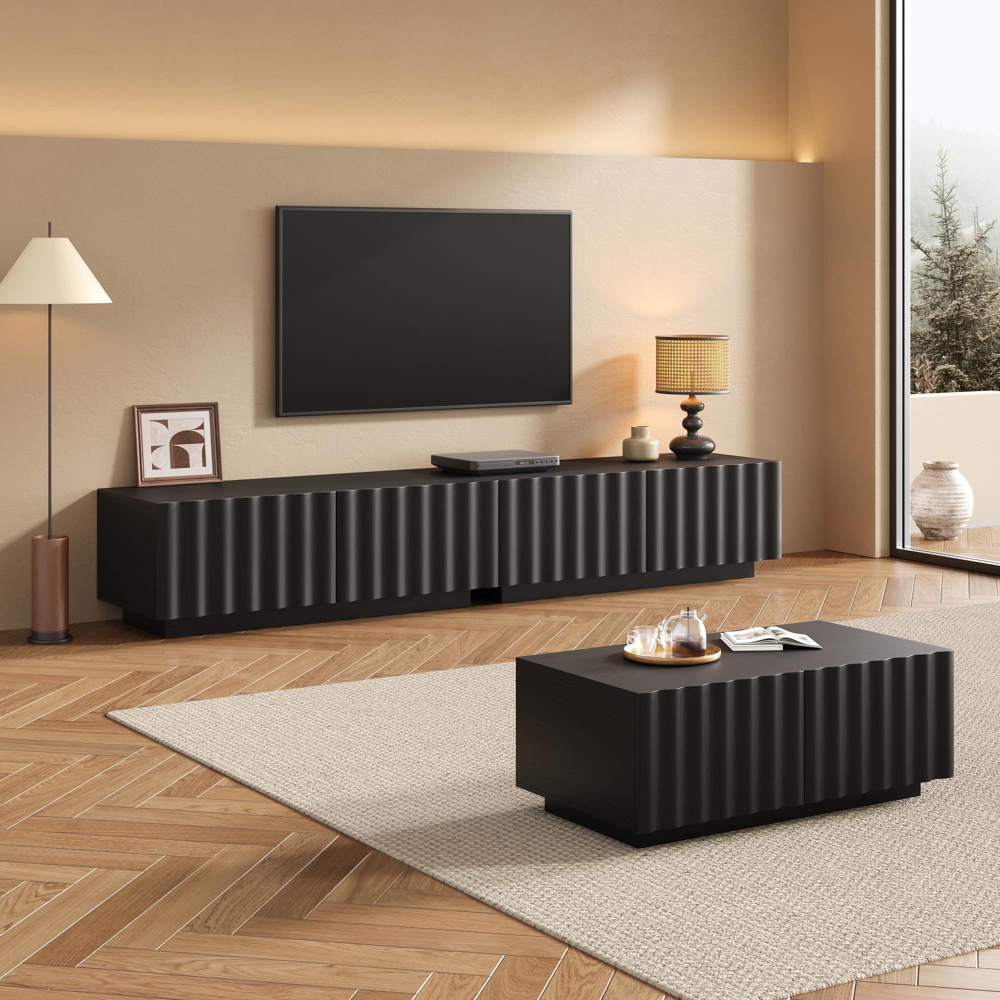 Juego de muebles de salón con diseño de ondas, mueble de TV y mesa de café, almacenamiento moderno, estable, práctico, color negro