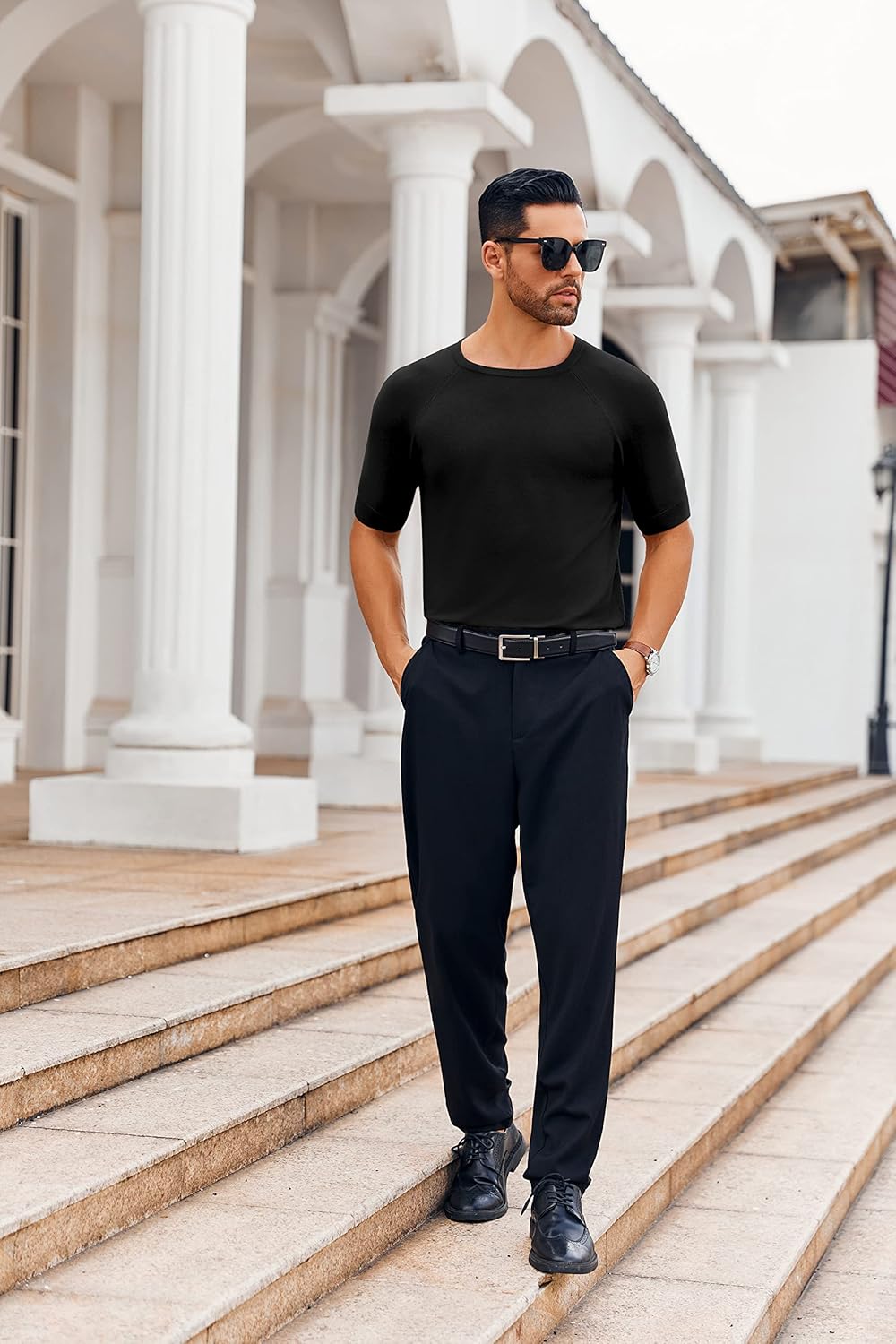 Runcati Mens Casual T Shirt Stretch Short Sleeve Knit Slim Fit Crew Neck Pullover Sweater Solid Basic Tops - Image 4