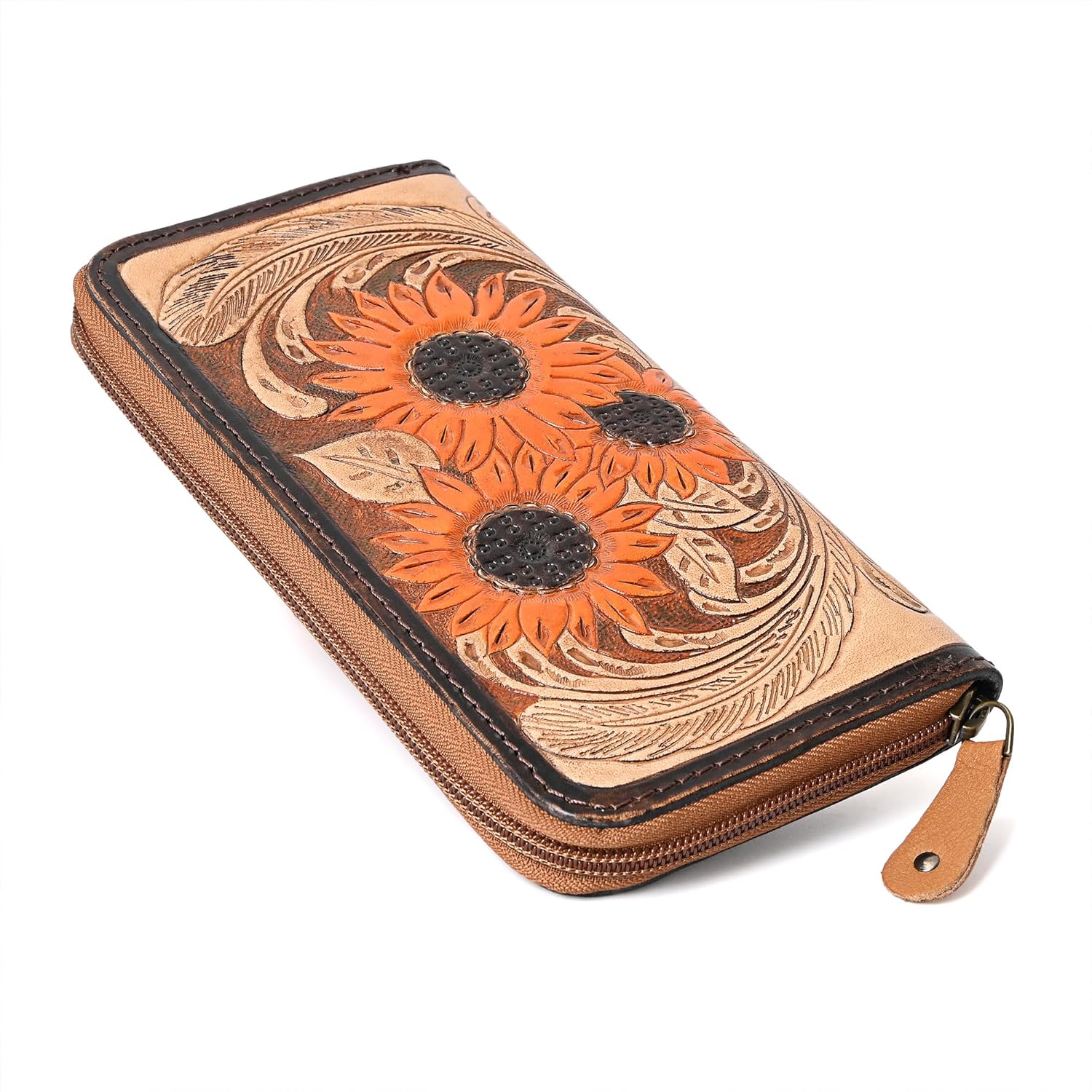 Merbaa Western Go To Gear Sunflower Tooled Handmade Bifold Wallet (Tan & Orange) - Image 5
