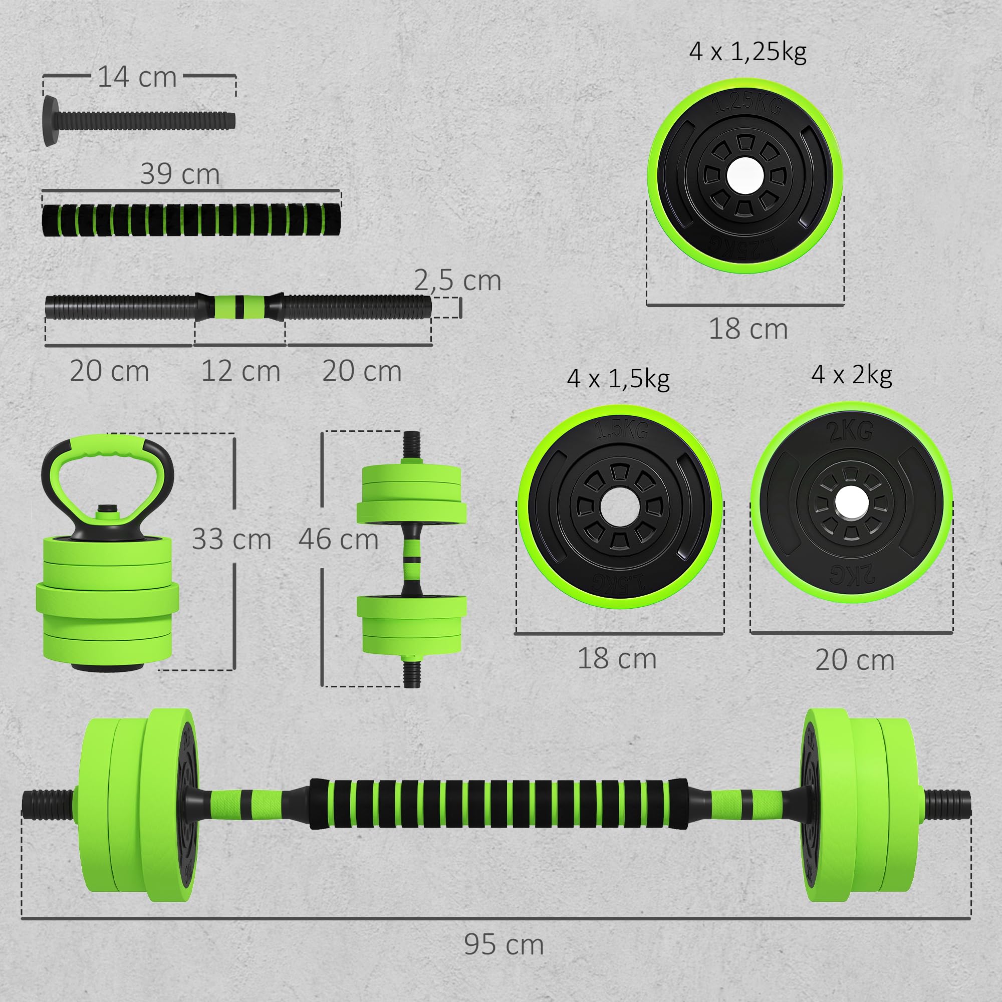 SPORTNOW Zestaw hantli 4 w 1, 20 kg, regulowane krótkie i długie hantle | Kettlebell, profesjonalne uchwyty do pompek, do domu, treningu siłowego i fitnessu