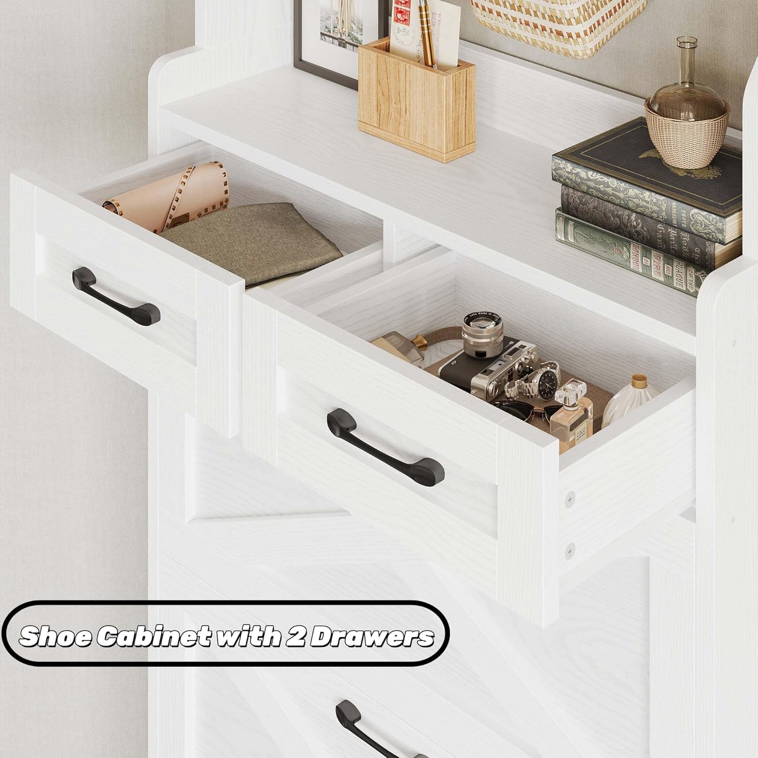 IRONCK Tall Shoe Cabinet with 3 Flip Drawers, Shoe Cabinet Storage for Entryway with Coat Rack, 2 Drawers, Hidden Narrow Shoe Rack Organizer for Hallway Living Room, 2 in 1 Hall Tree, White