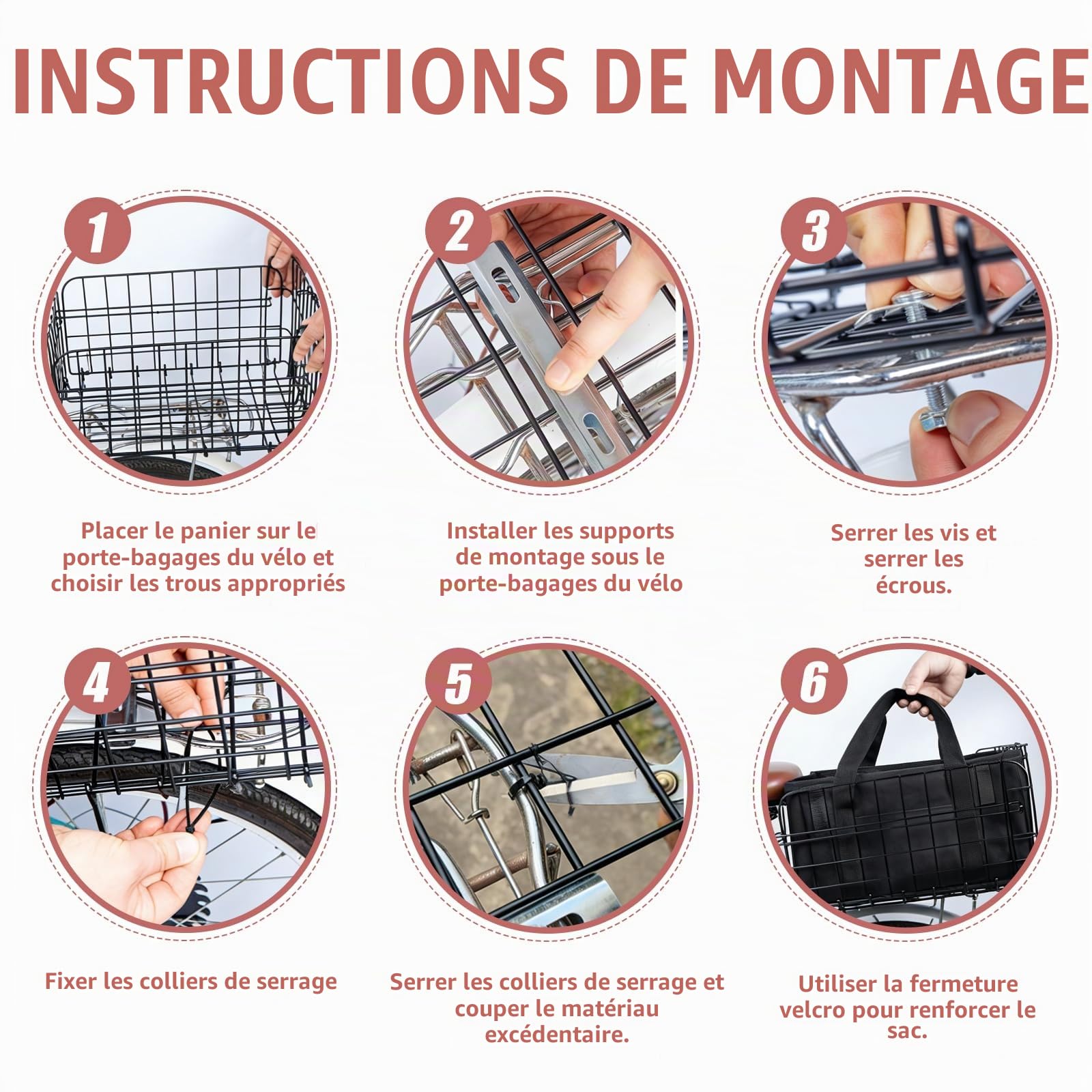 W&H Panier de vélo arrière pliable avec sac intérieur imperméable amovible, filet à bagages, housse étanche, bandes réfléchissantes