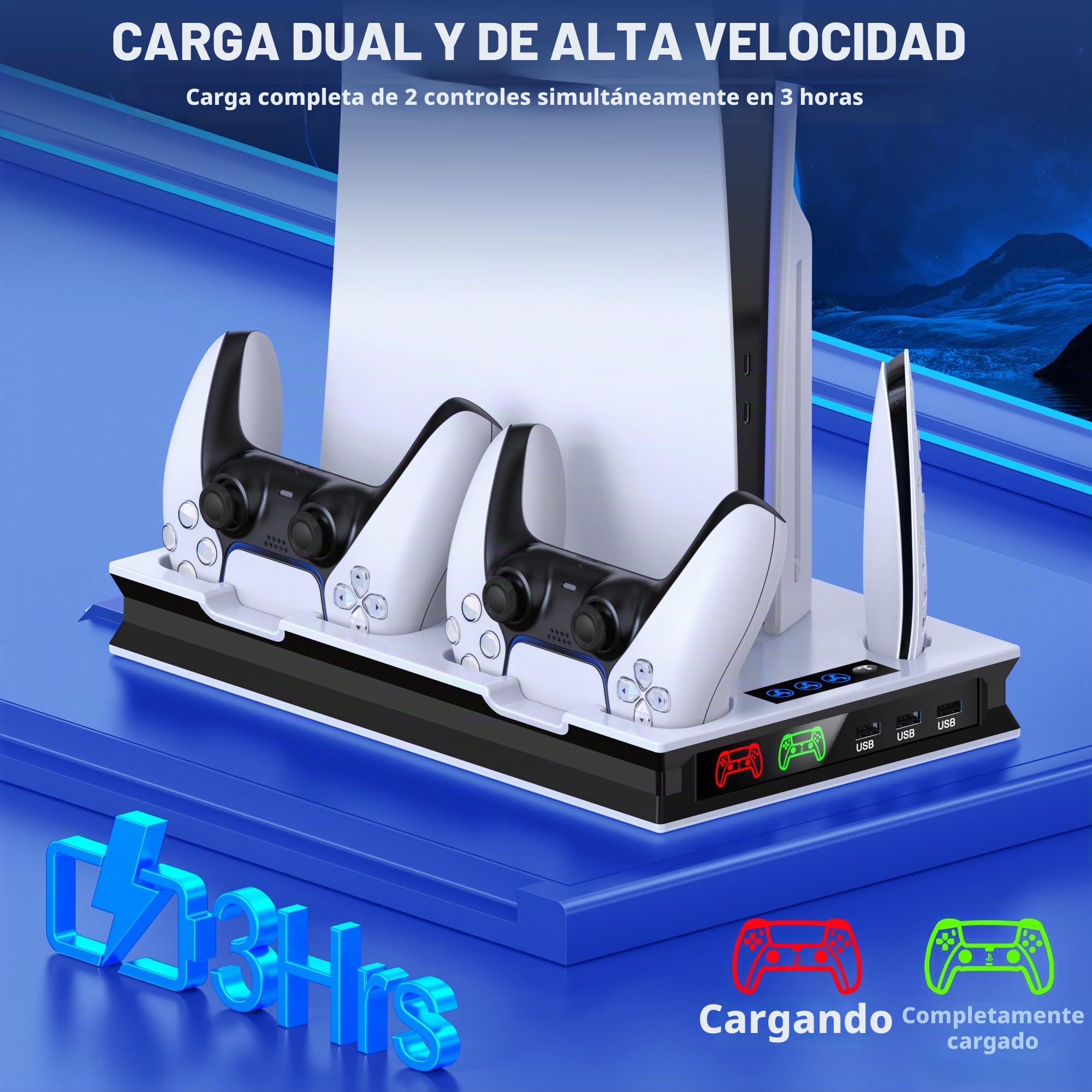 GAMSINGY Soporte para PS5 con ventilador, soporte para PS5/Slim/Pro Disc/Digital Edition, soporte para auriculares/controlador PS5 estación de carga/mando a distancia Solt/3 USB Hub