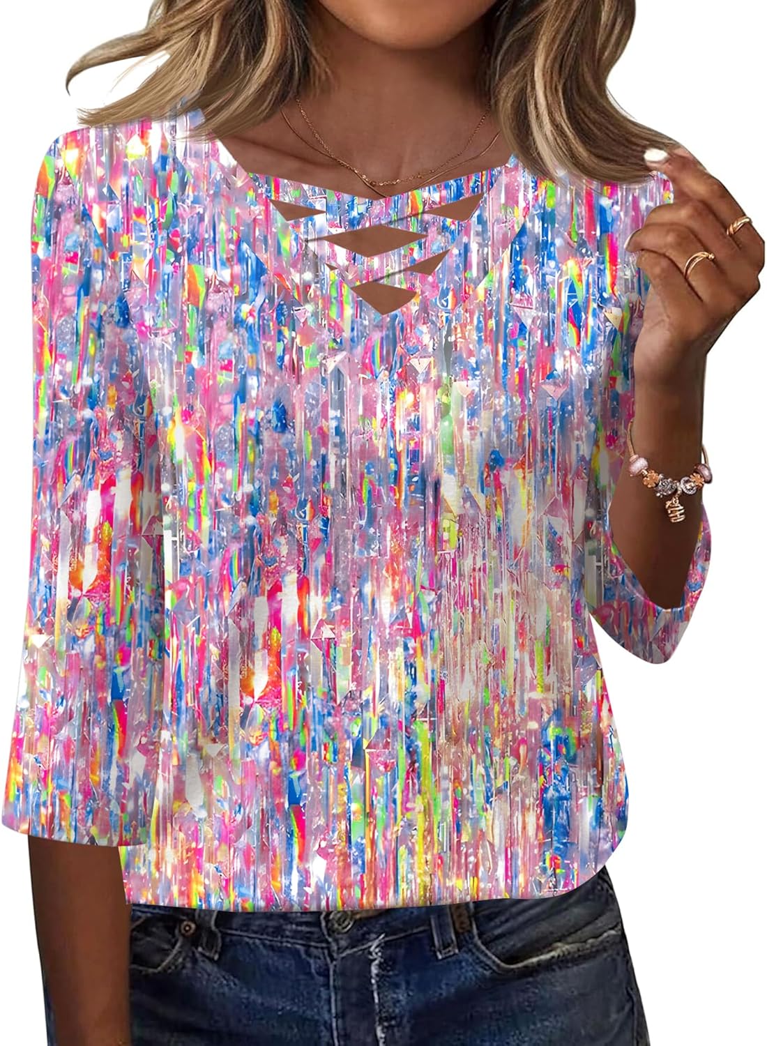 Rapbin Women Blouses Dressy Casual Spring Tops 3/4 Length Sleeve Womens T Shirts V Neck Criss Cross Tees